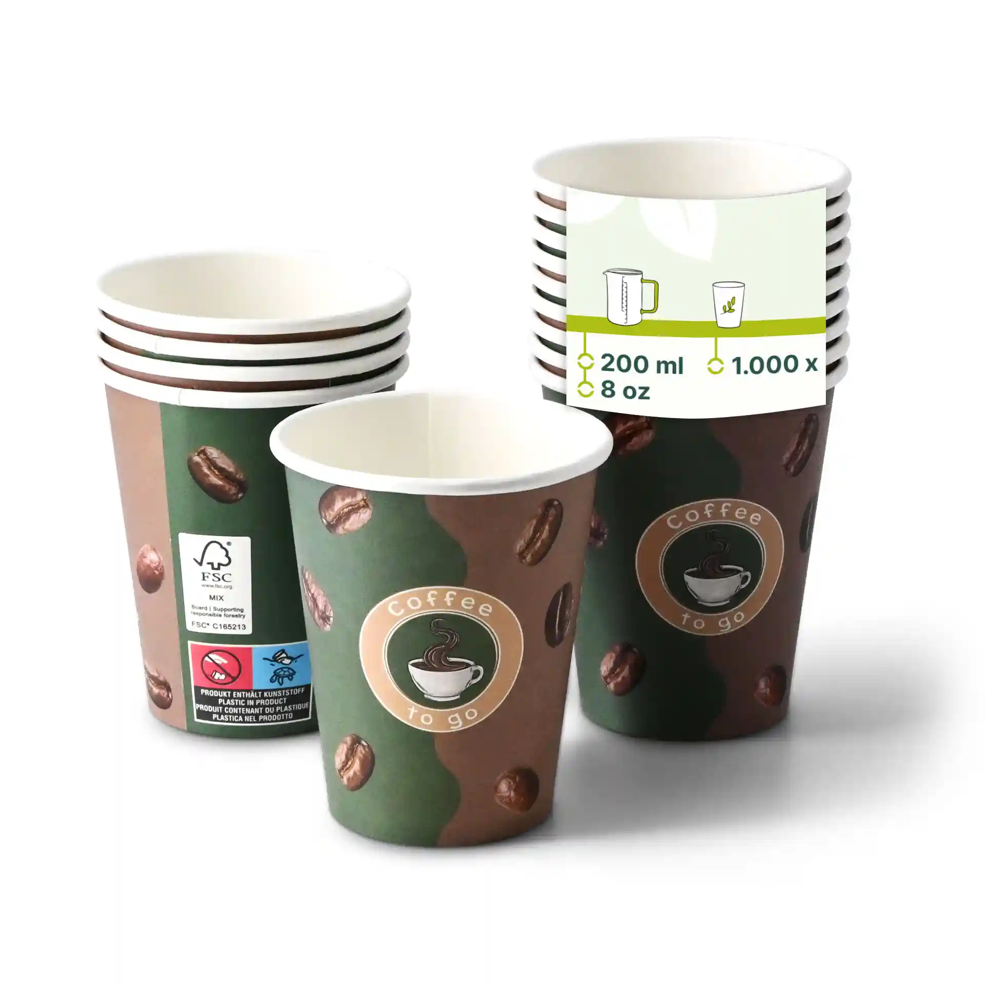 Bicchiere di carta rotondo con design del caffè stampato, capacità di 8 oz, impilato con diversi bicchieri simili dietro.