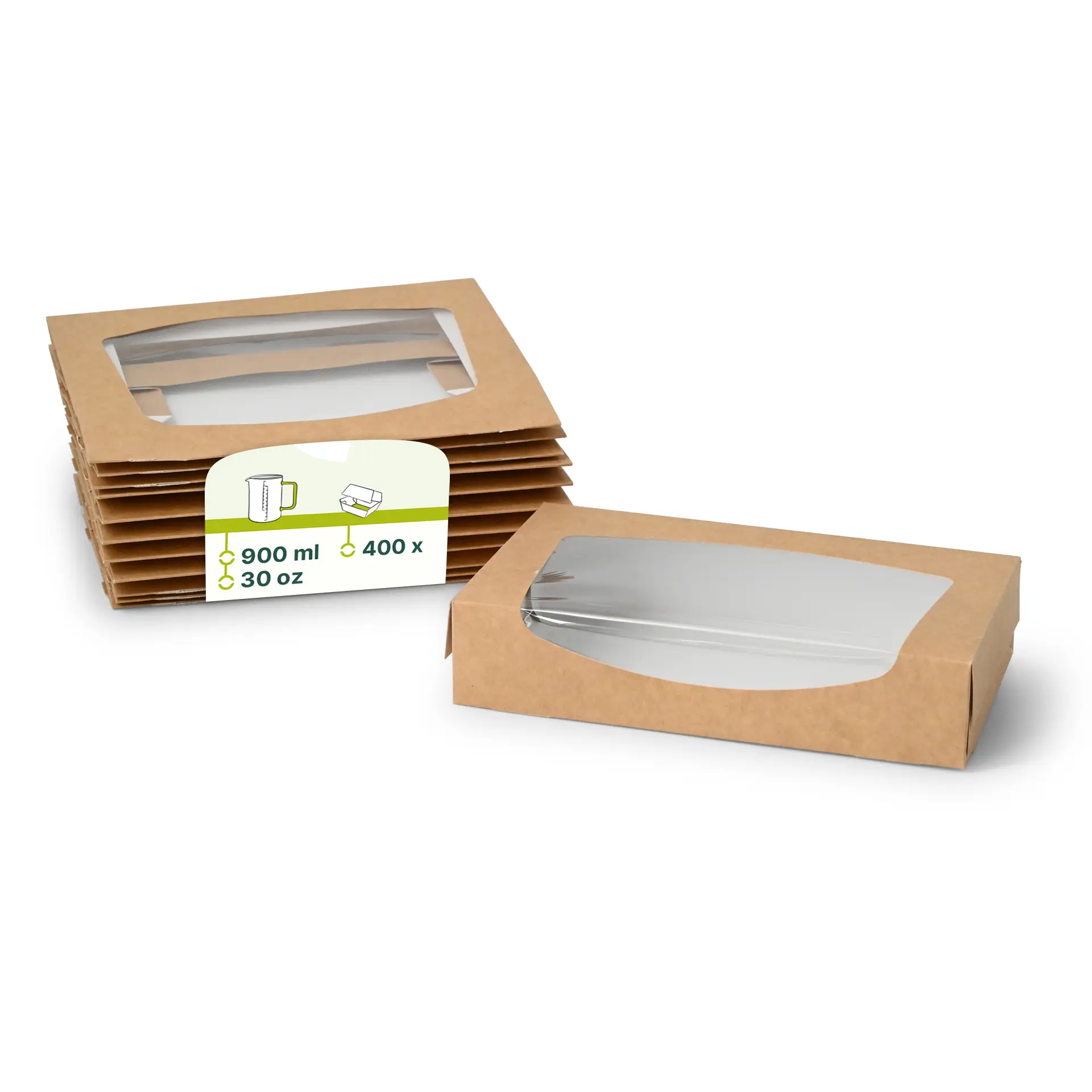 Faltschachteln mit Sichtfenster 20 x 12 x 4 cm, 900 ml, Zellulose-Fenster, außen braun, innen weiß