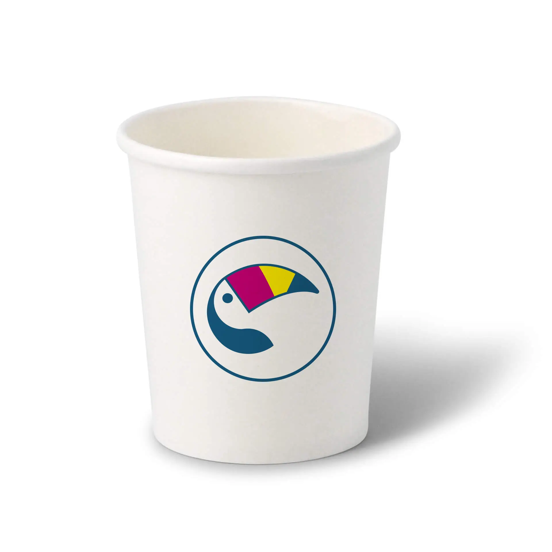 Bicchiere bianco per gelato con un logo colorato che raffigura un uccello, capacità di 400 ml.
