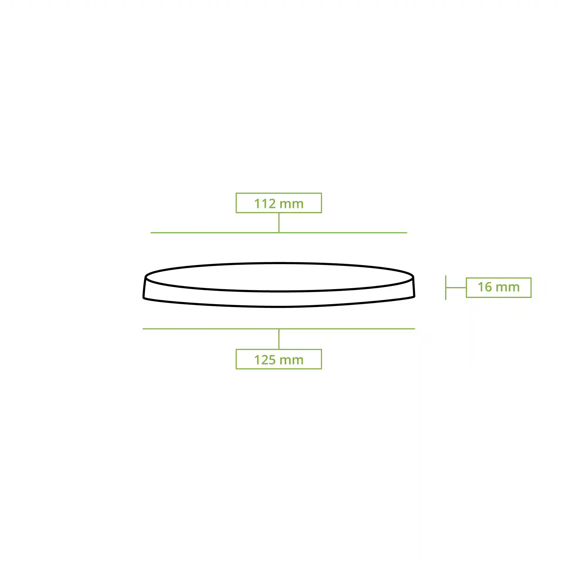 Disegno schematico di un coperchio rotondo con dimensioni: diametro superiore 112 mm, diametro inferiore 125 mm, altezza 16 mm.
