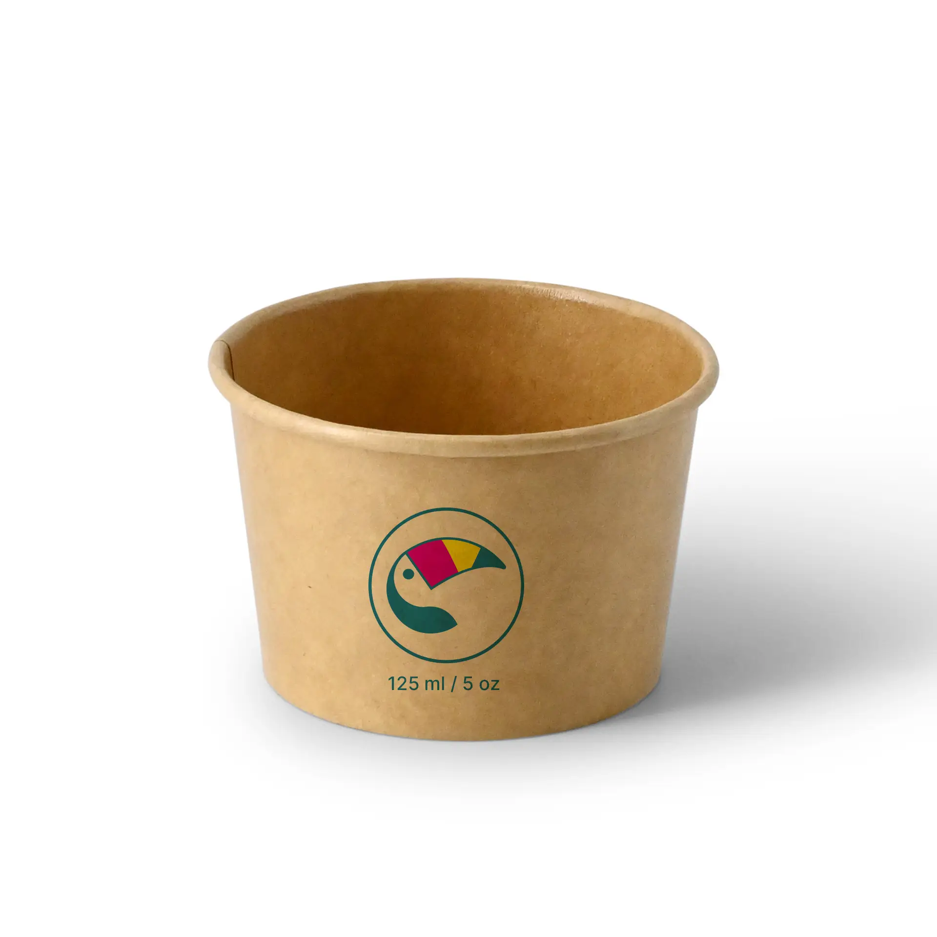 Un cup per gelato marrone, 125 ml / 5 oz, con un logo colorato e segni sul davanti.