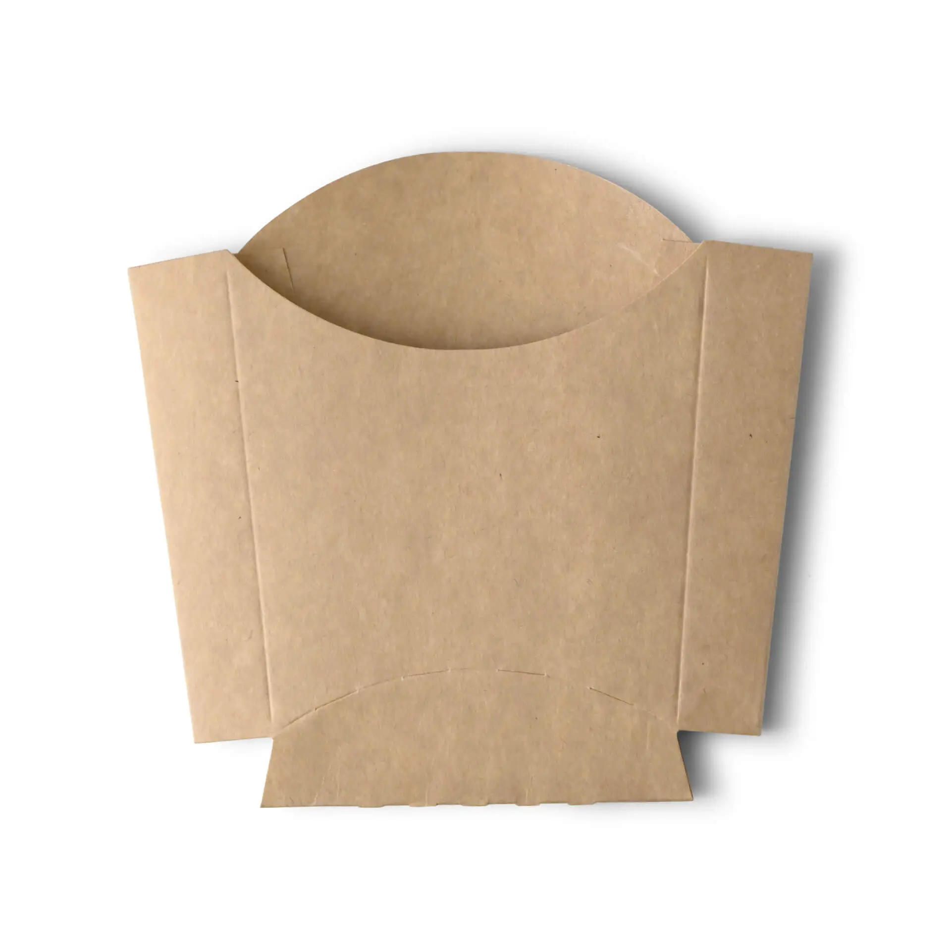 Rastrello per patatine in cartone marrone progettato per servire cibi fritti; ideale per porzioni piccole e medie; resistente ai grassi e biodegradabile.