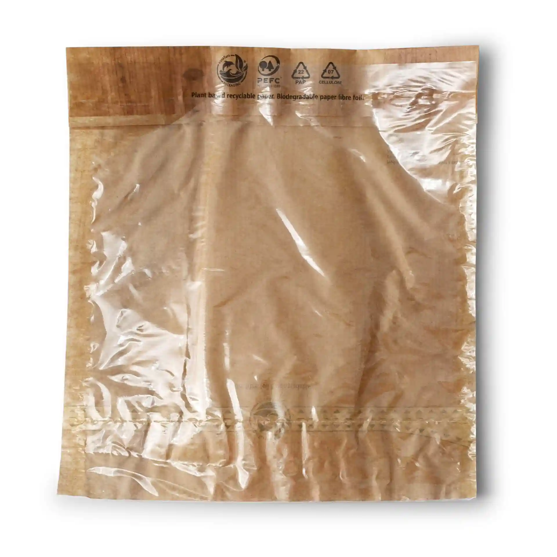 Sacchetto per snack in carta stampata, misura 17,5 x 20 cm, con fronte in biofilm trasparente.