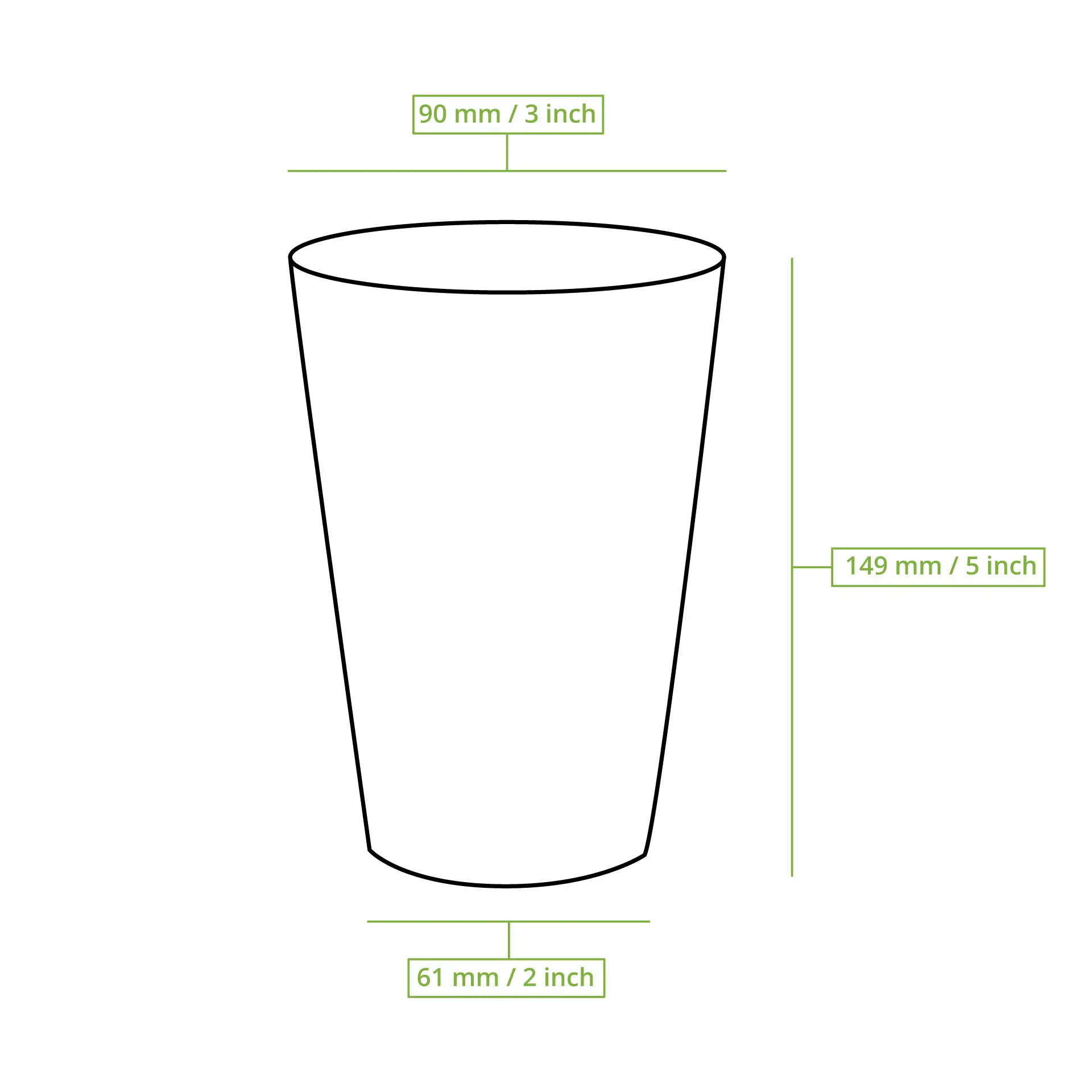 Tazza in carta marrone a parete singola con rivestimento PLA, capacità di 500 ml, dimensioni 90 mm di diametro e 149 mm di altezza.