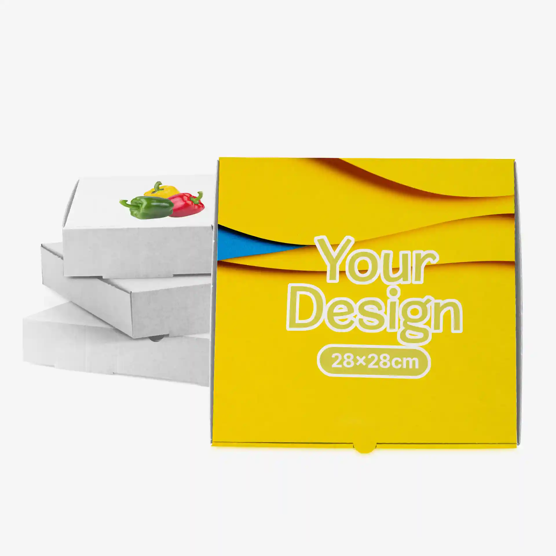 Scatola per pizza gialla con area di design, misura 28 x 28 cm, accanto a diverse scatole bianche con grafiche di peperoni colorati.