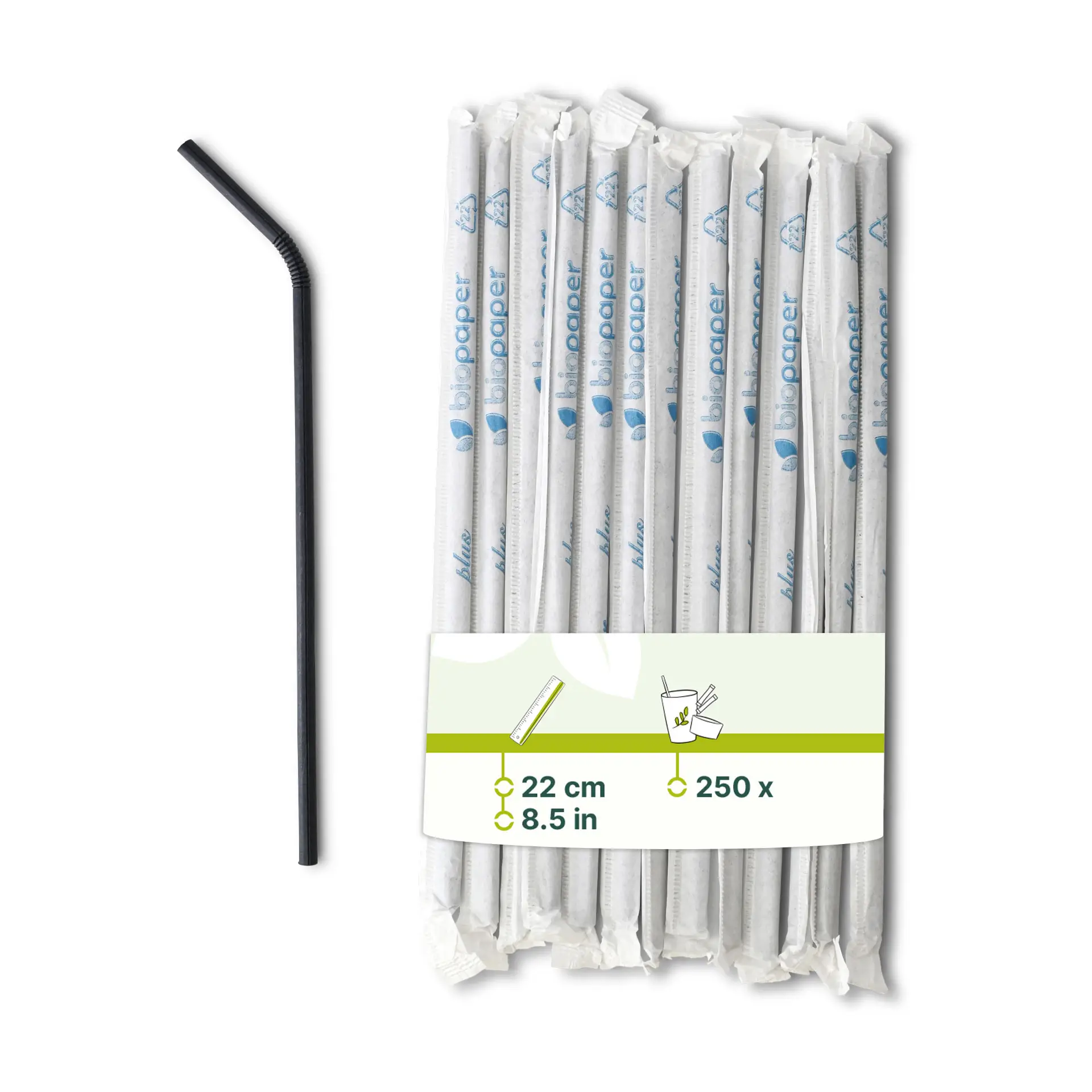 Trinkhalme aus Papier flexibel 22 cm, Ø 0,5 cm, schwarz, einzeln verpackt