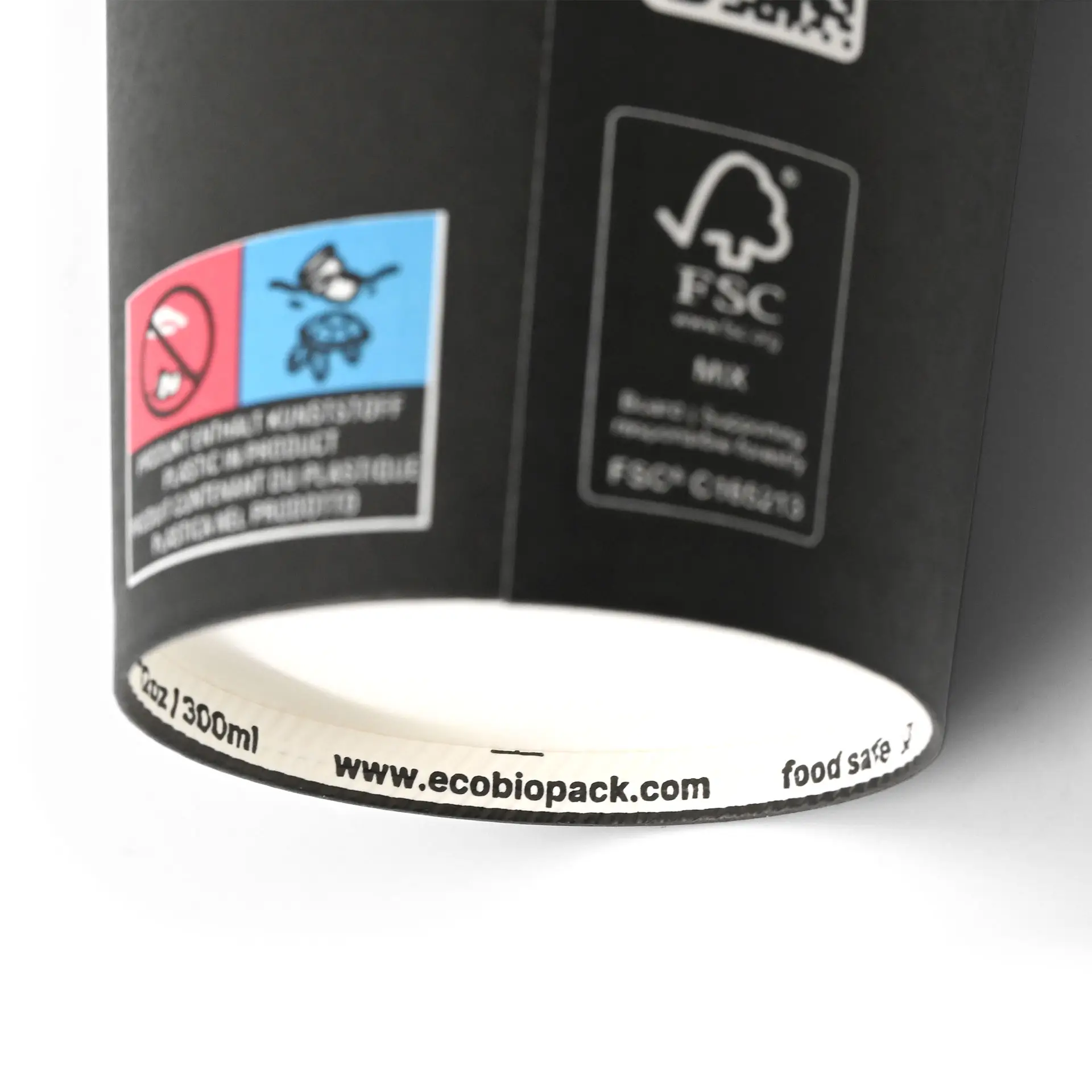 Bicchiere di carta nero a parete singola per bevande calde e fredde, 300 ml, con rivestimento PLA e varie etichette stampate.