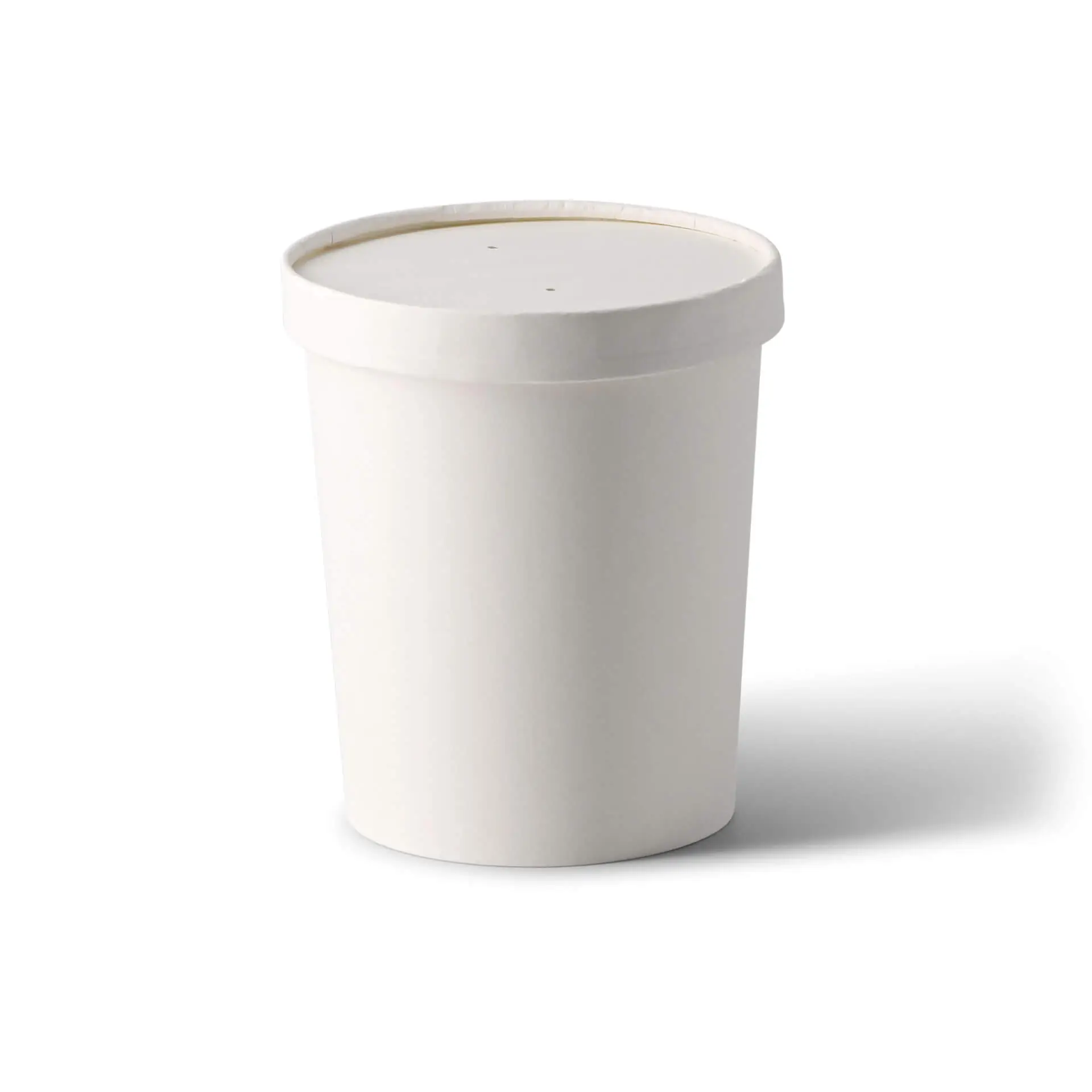 Bicchiere di zuppa in cartone biodegradabile bianco da 32 oz con rivestimento PLA, adatto per alimenti caldi e freddi, mostrato in verticale.