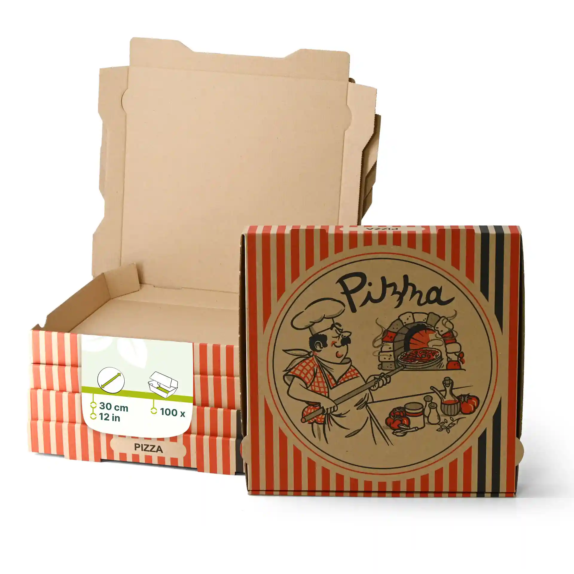 Scatola per pizza con design di chef pizzaiolo, misura 30 x 30 x 4 cm, con diverse scatole semplici impilate dietro.