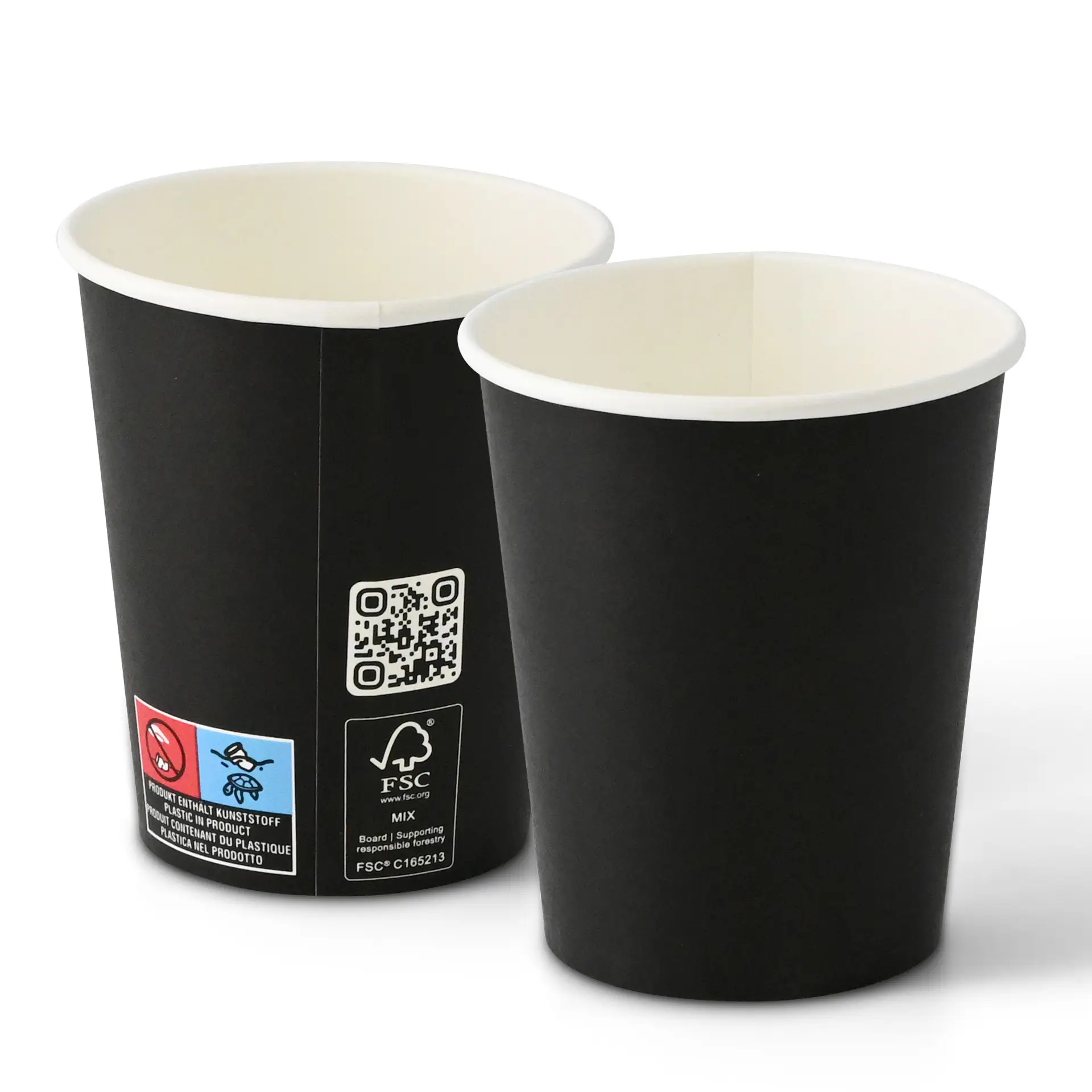 Bicchiere nero, capacità di 200 ml, parete singola, con interno bianco, mostrato da due angolazioni.