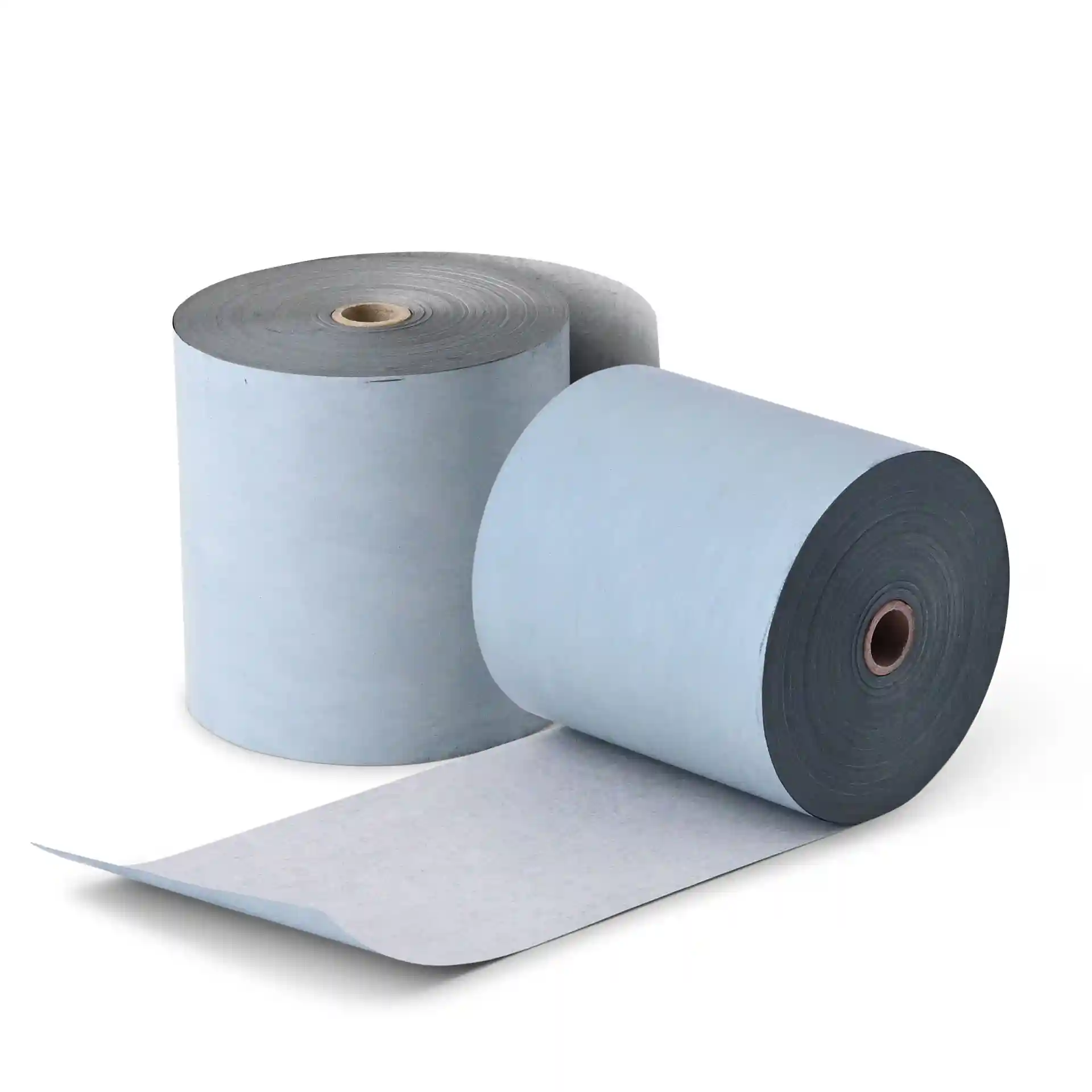 Due rotoli di carta termica grigia, ciascuno con un diametro di 80 mm, uno parzialmente srotolato.