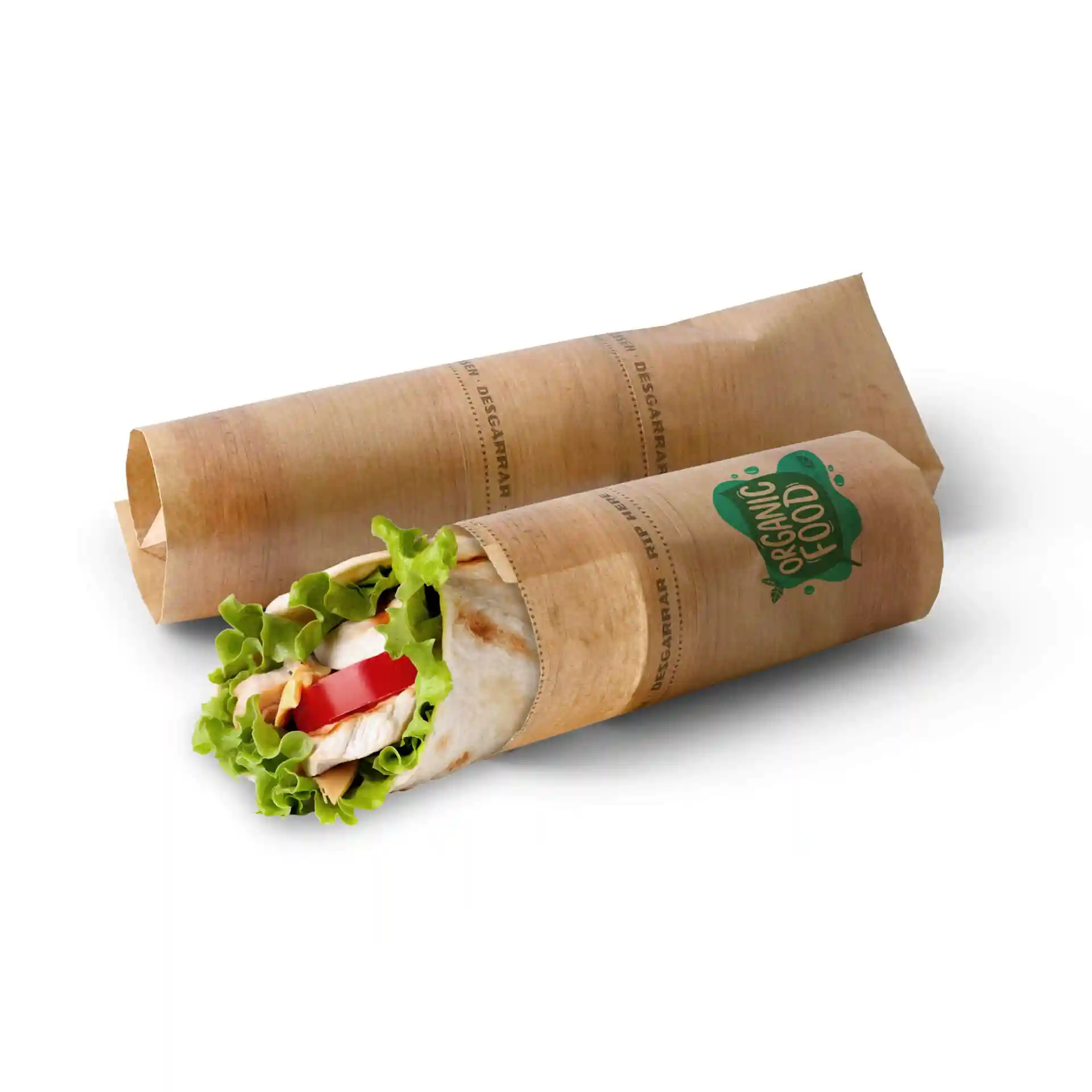 Borse avvolgenti marroni stampate con chiusura adesiva, contenenti ingredienti freschi come lattuga e pomodoro.