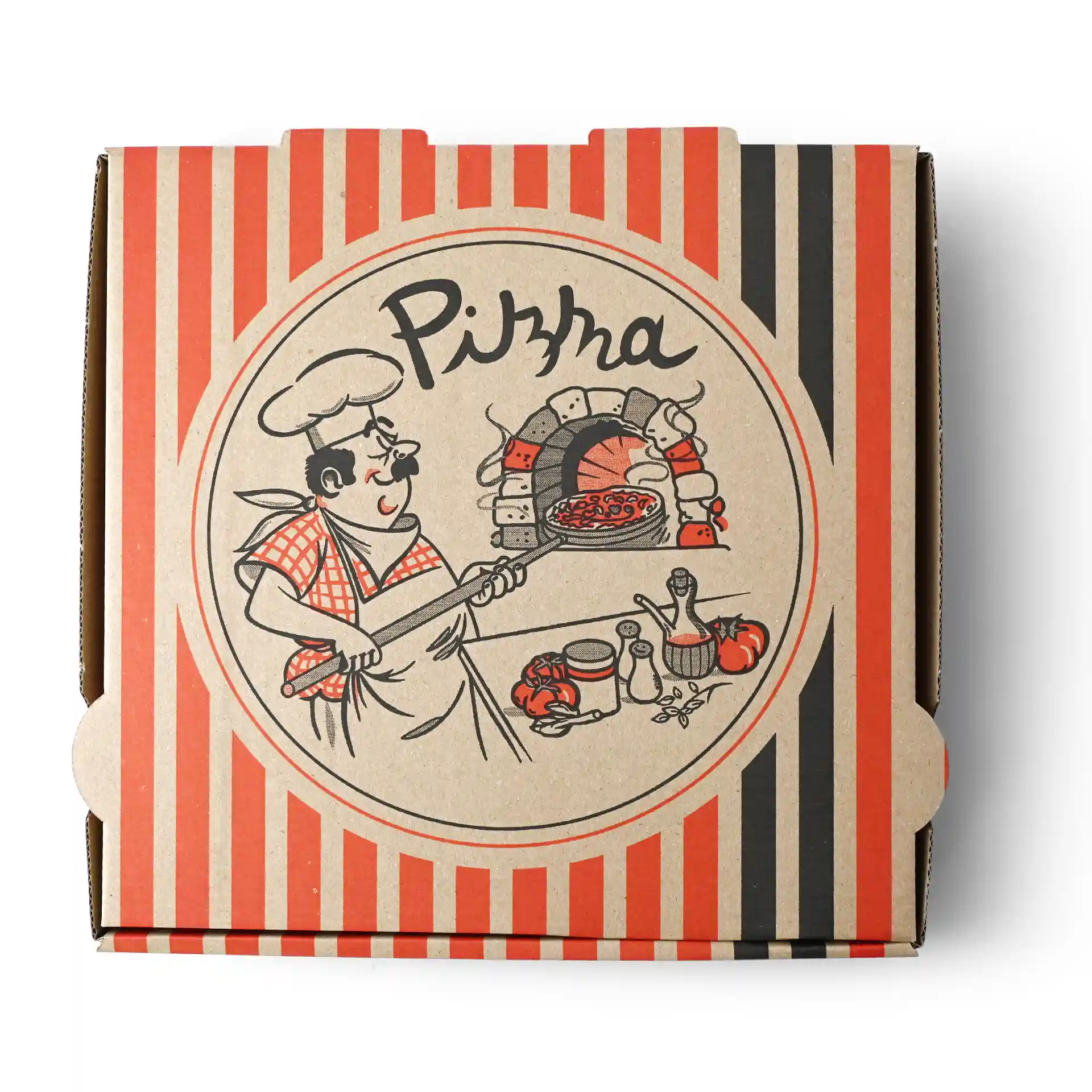 Scatola per pizza con design di chef pizzaiolo, cartone marrone, dimensioni 26 x 26 x 4 cm.