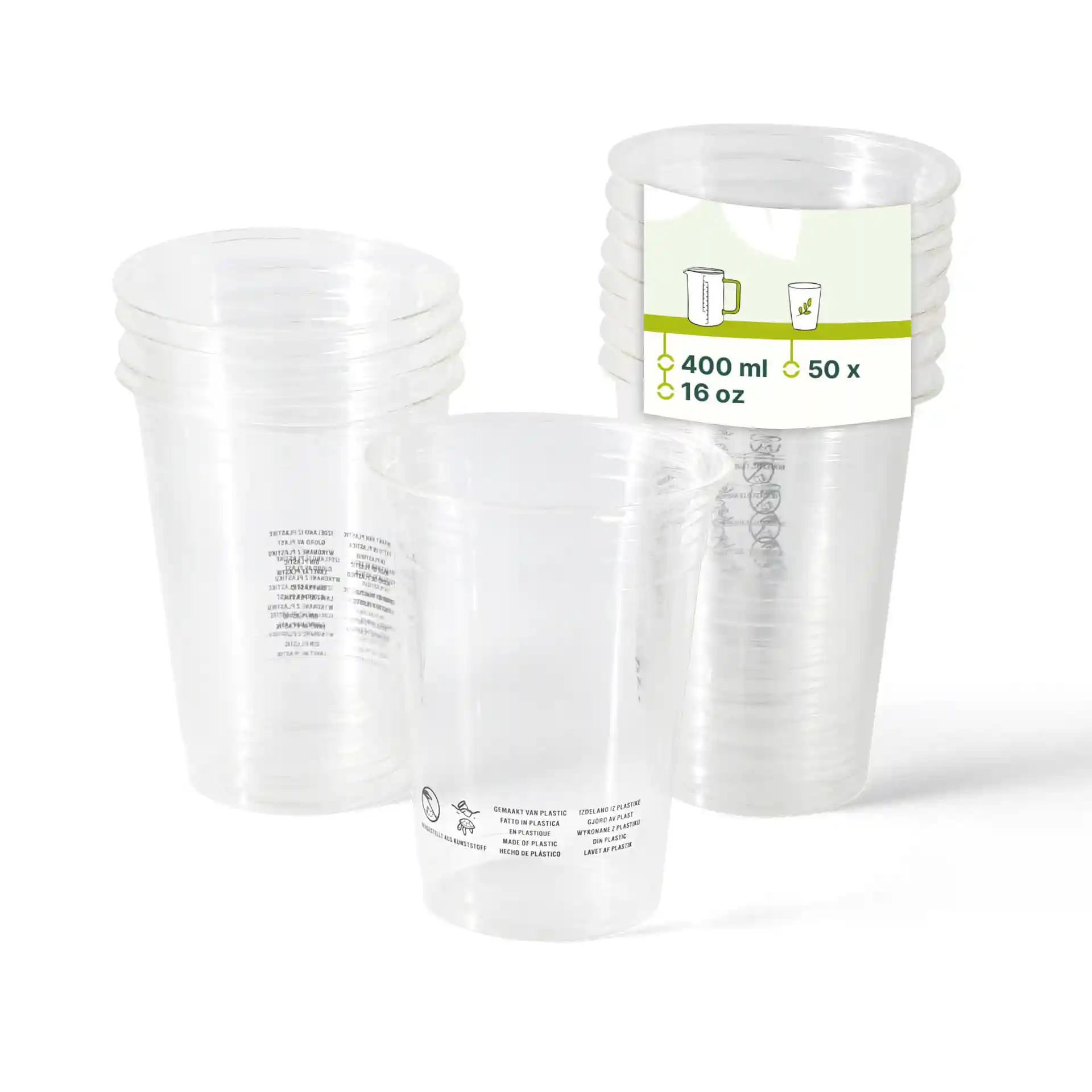Bicchieri in plastica PLA trasparenti impilati, con un'etichetta che mostra una capacità di 400 ml e 50 pezzi.