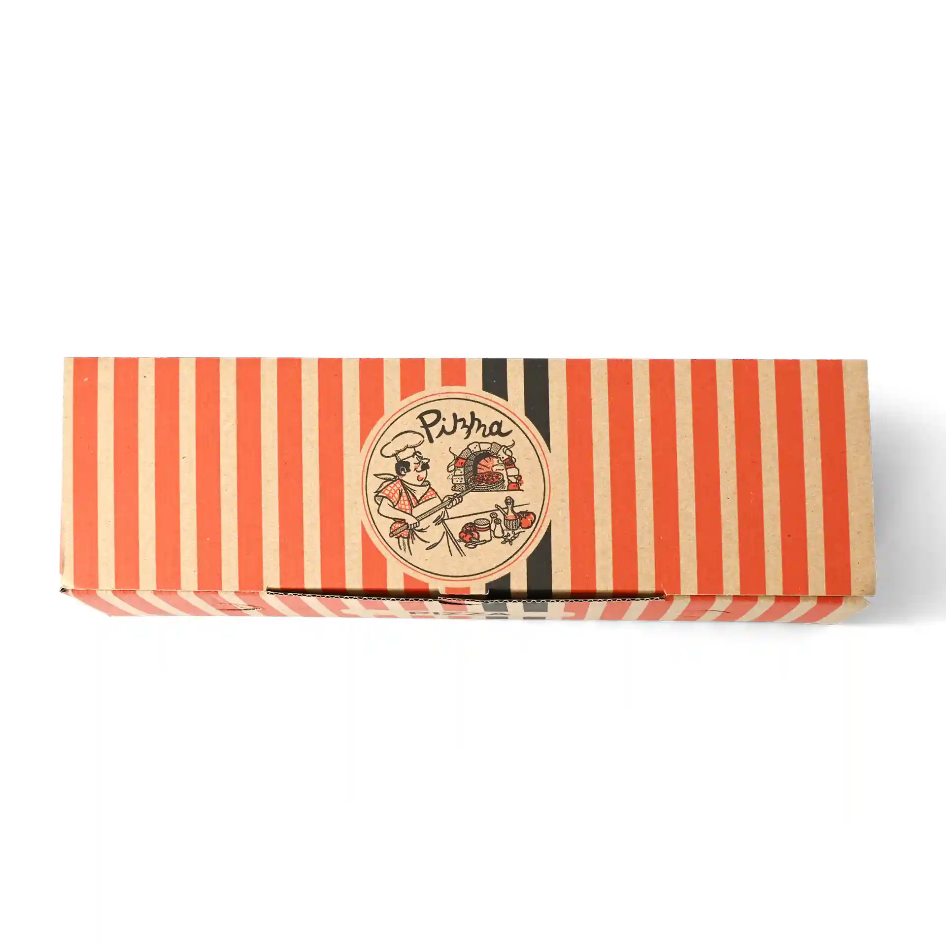 Scatola per pizza con design a strisce rosse e nere, con un'illustrazione di un pizzaiolo e un logo circolare.