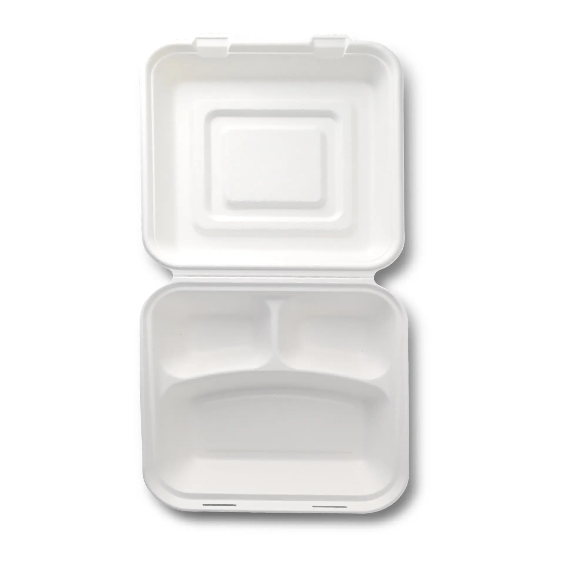 Menübehälter aus Zuckerrohr 23,5 x 23,5 x 8 cm, 3 Kammern, Klappdeckel, rechteckig