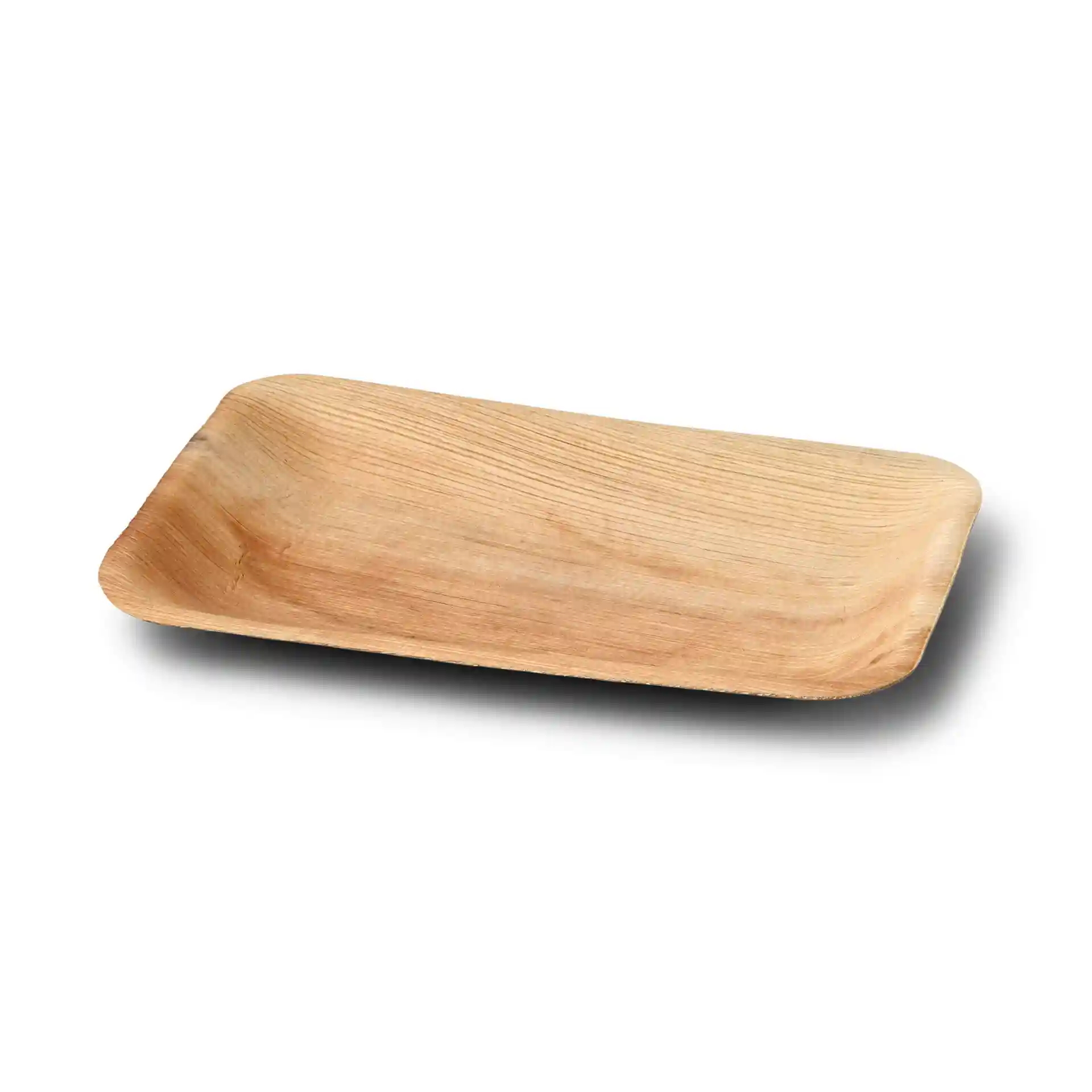 Piatto rettangolare in foglia di palma con finitura a grana naturale, misura 25 x 15 cm, design piatto e poco profondo.
