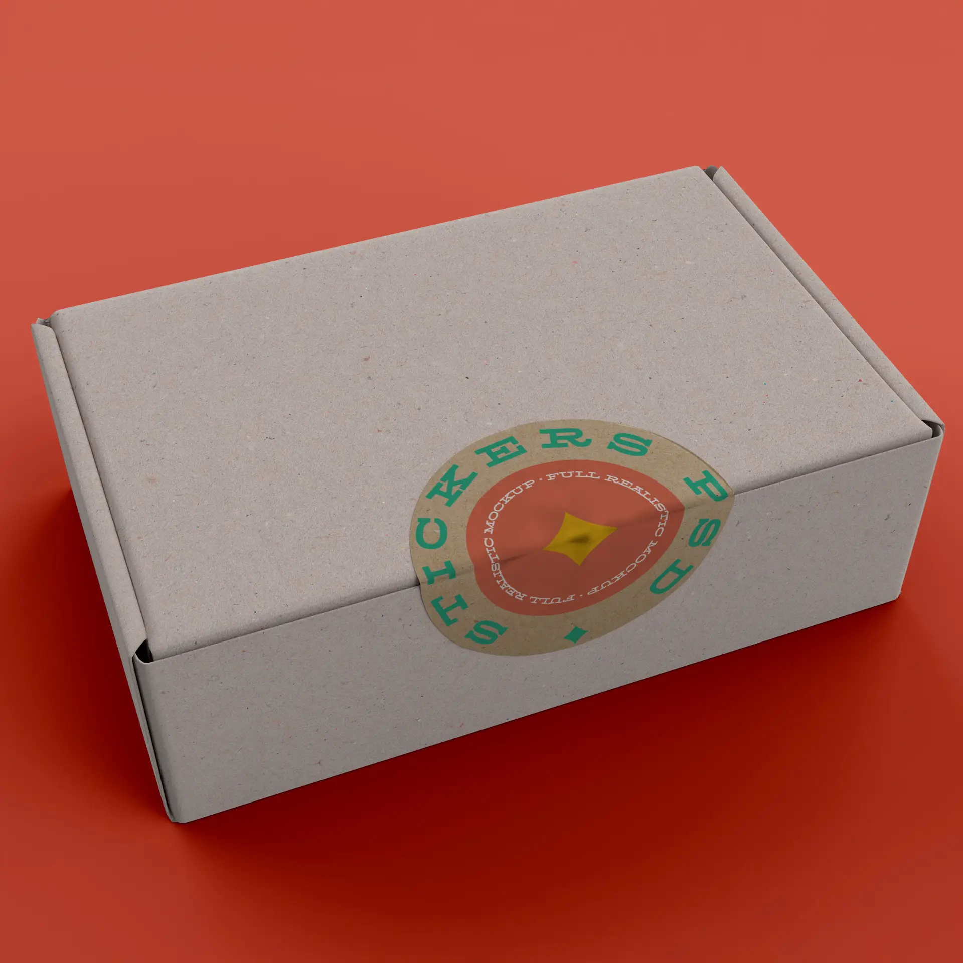 Scatola in carta kraft marrone con un'etichetta rotonda stampata con un design e la parola "STICKERS".