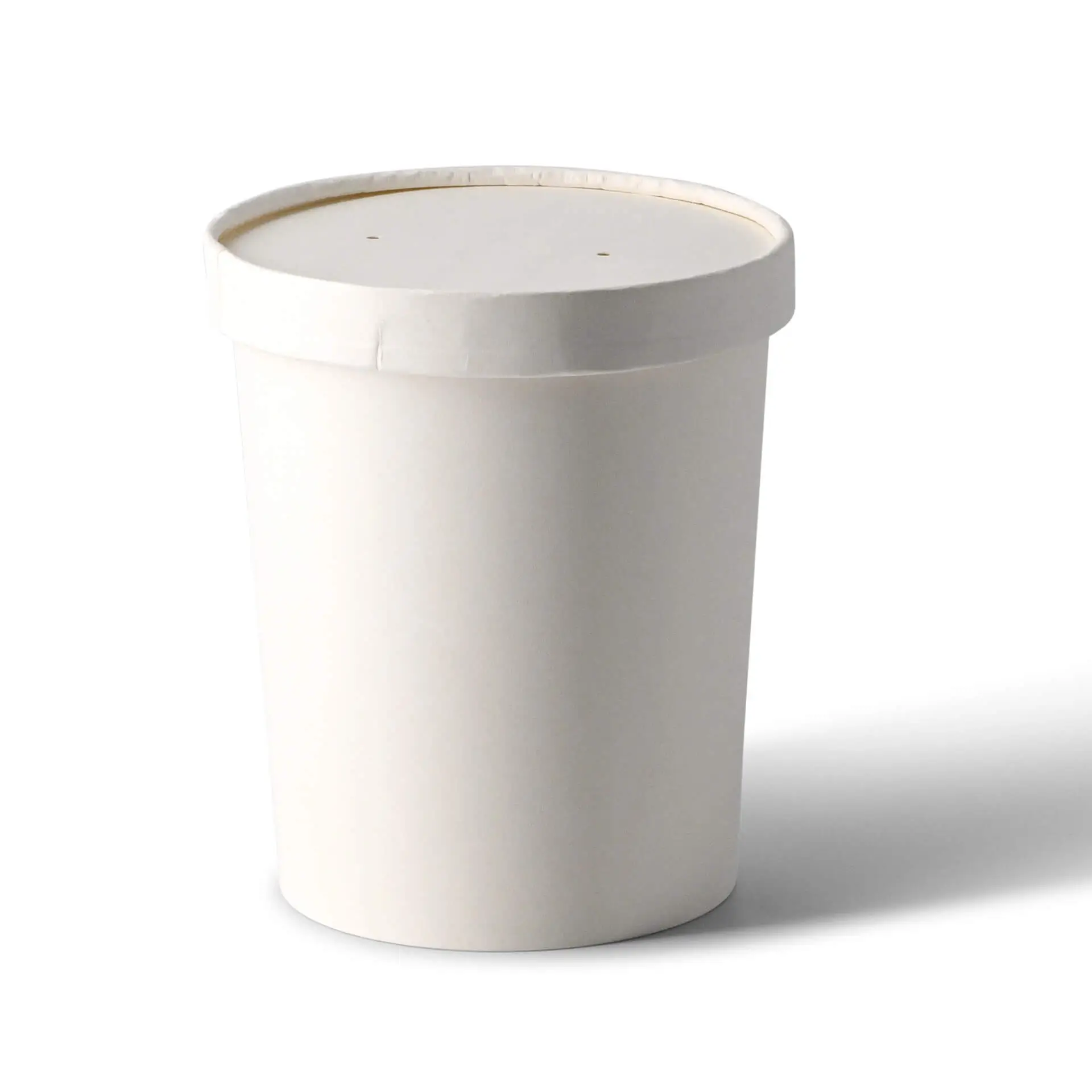 Contenitore in cartone bianco con coperchio a membrana, adatto per piatti caldi; progettato per un uso ecologico e da asporto.