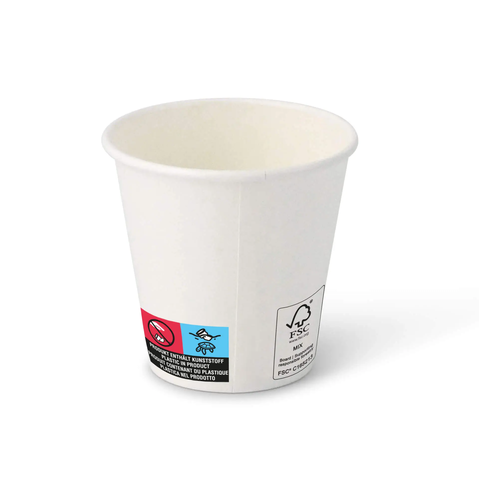 Bicchiere di carta bianco di forma rotonda, capacità di 6 oz, con un'etichetta visibile con simboli sul lato.