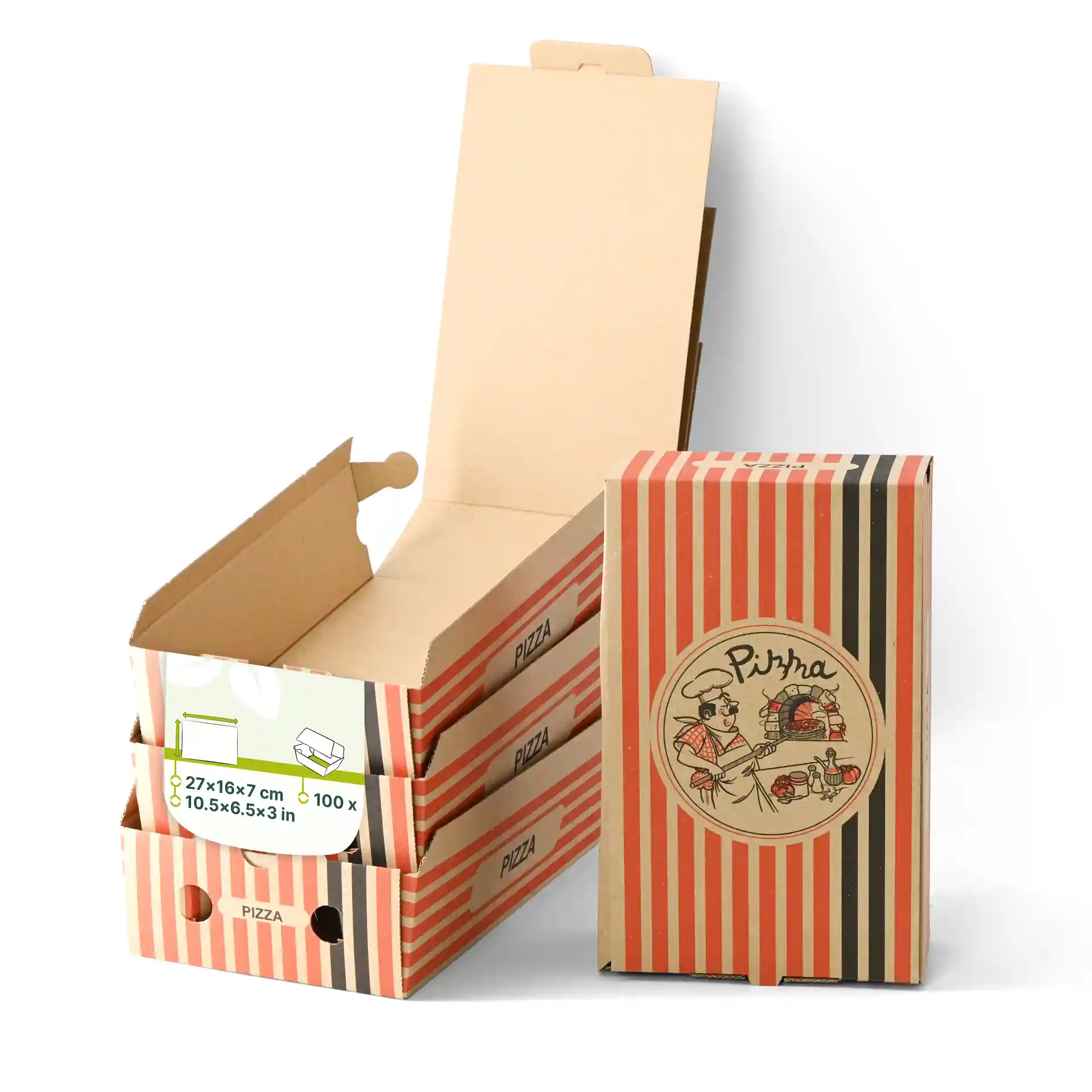 Scatole per pizza marroni con design di chef pizzaiolo, misurano 27 x 16 x 7 cm, impilate con una aperta.