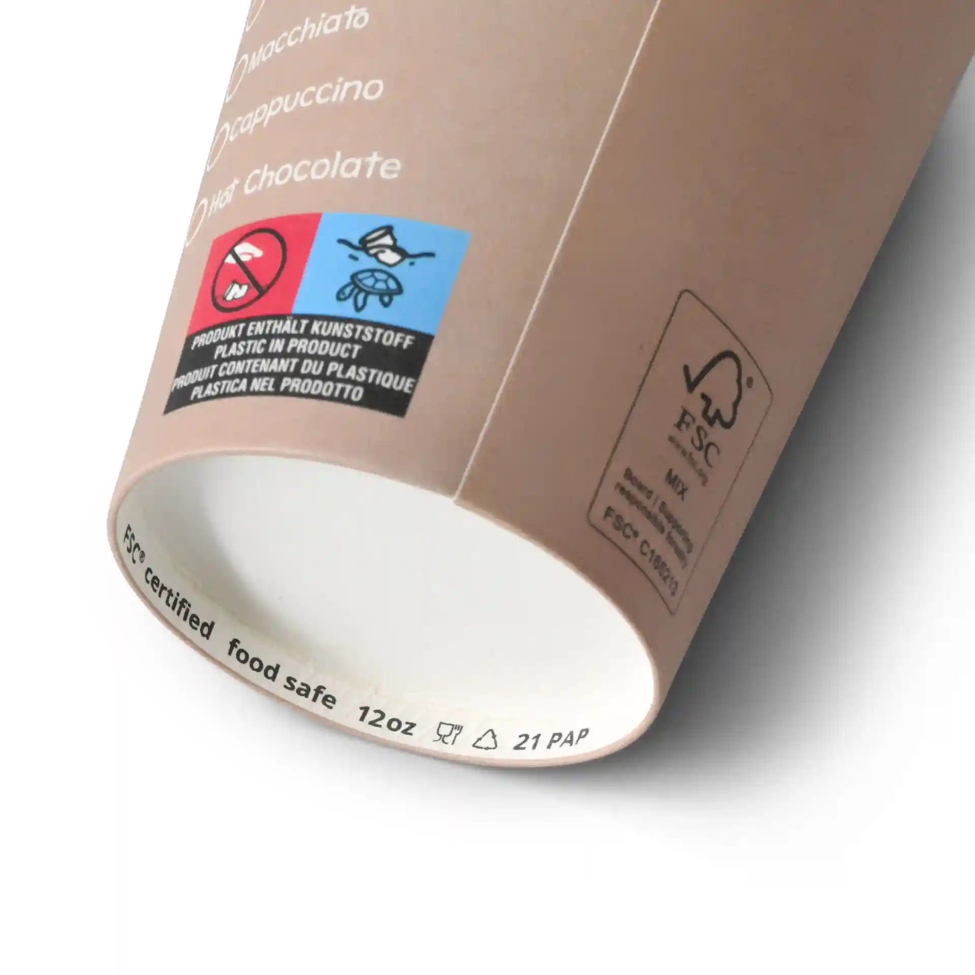 Bicchiere di carta rotondo da 12 oz con design stampato, mostra dettagli interni e del fondo, inclusi simboli e etichette di riciclo.