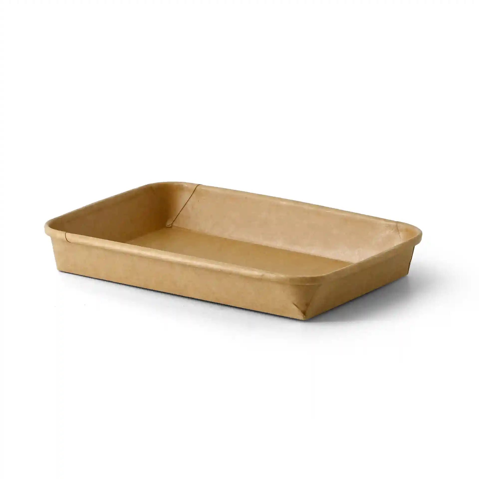 Scatola per sushi rettangolare marrone, rivestita in PE, misura 22 x 14 x 2,5 cm, con bordi leggermente rialzati.