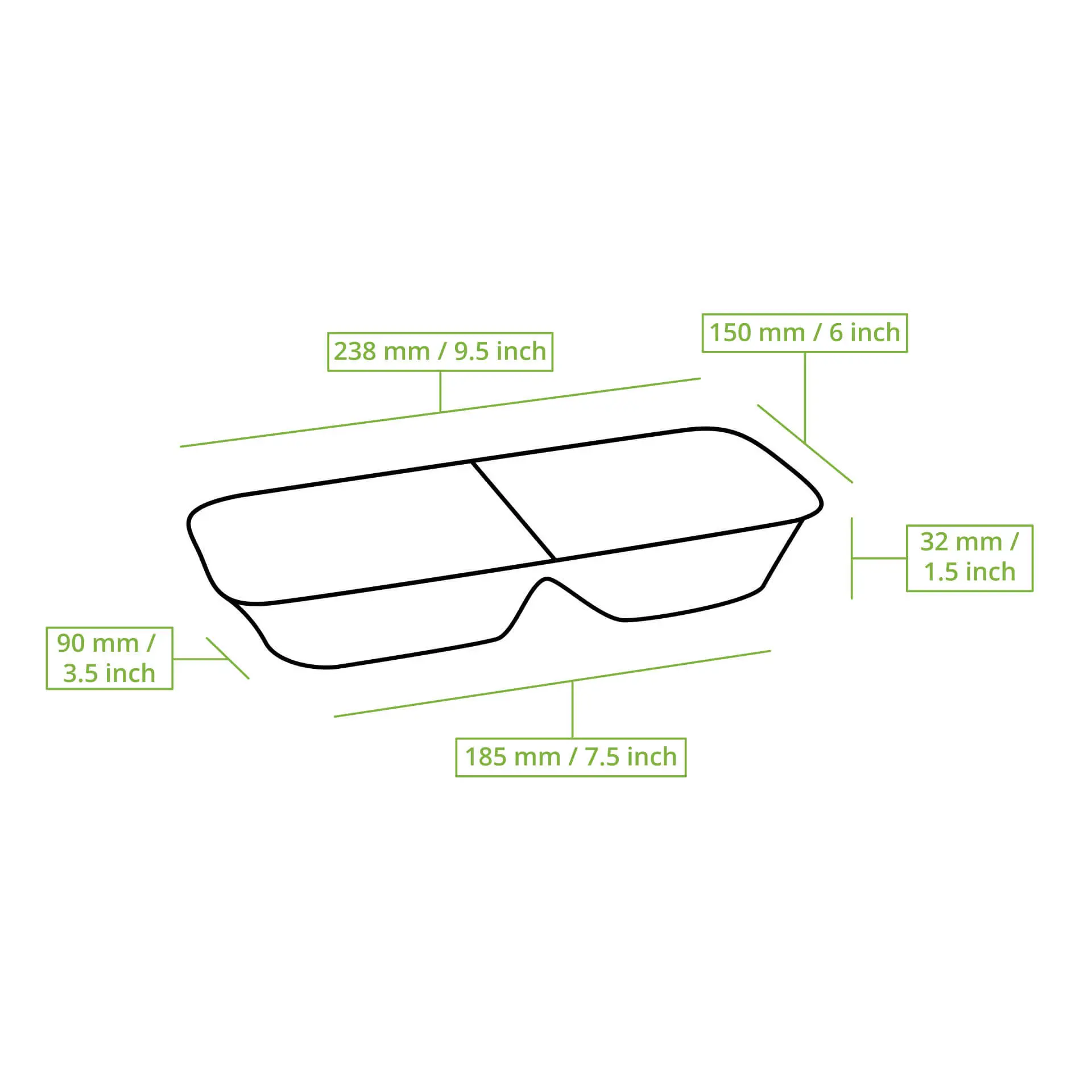 Piatto per menu rettangolare in foglia di palma con due scomparti; dimensioni 238 mm x 150 mm x 32 mm. Leggero e resistente al grasso.