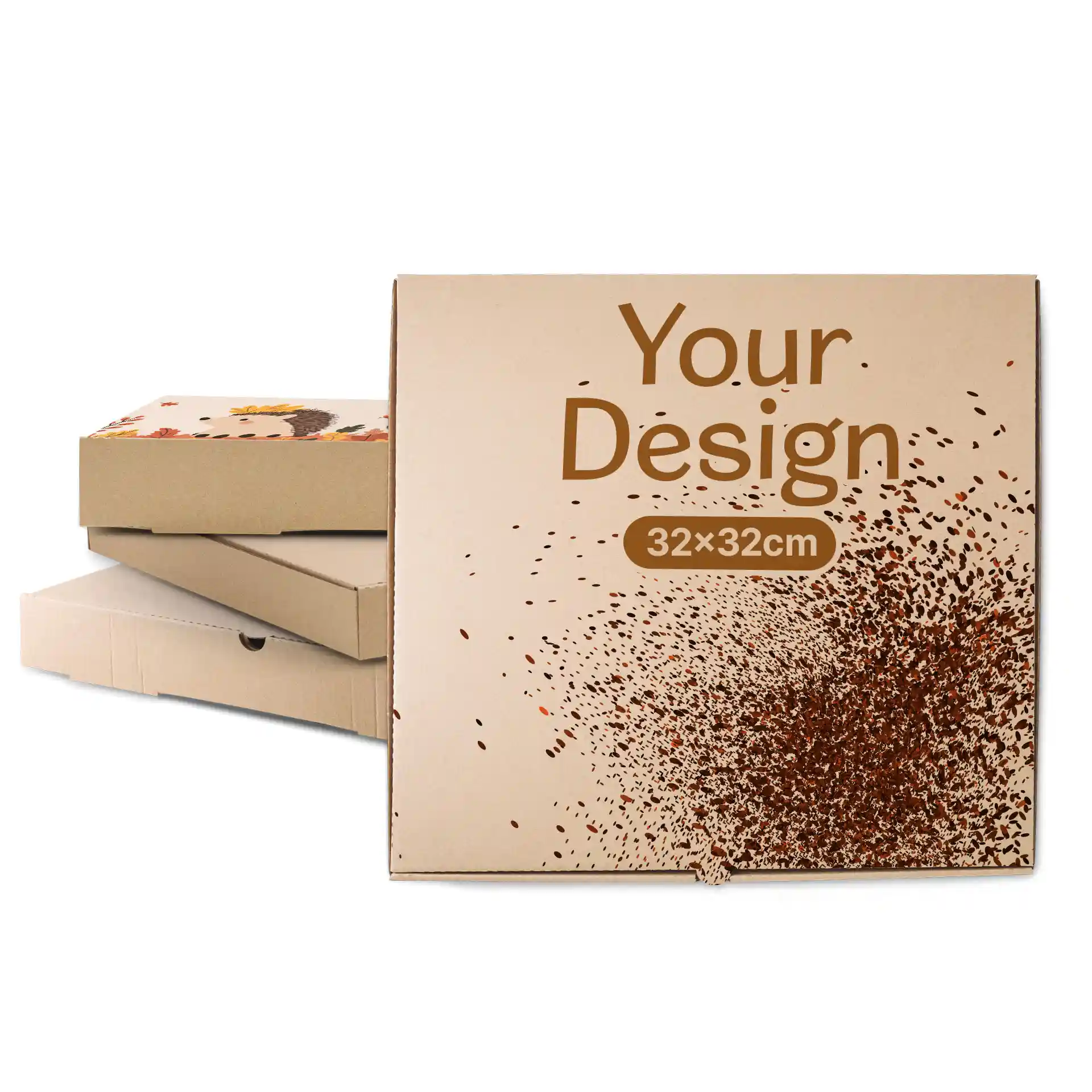 Scatola per pizza marrone con area di design, misura 32 x 32 cm, e diverse scatole simili sullo sfondo.