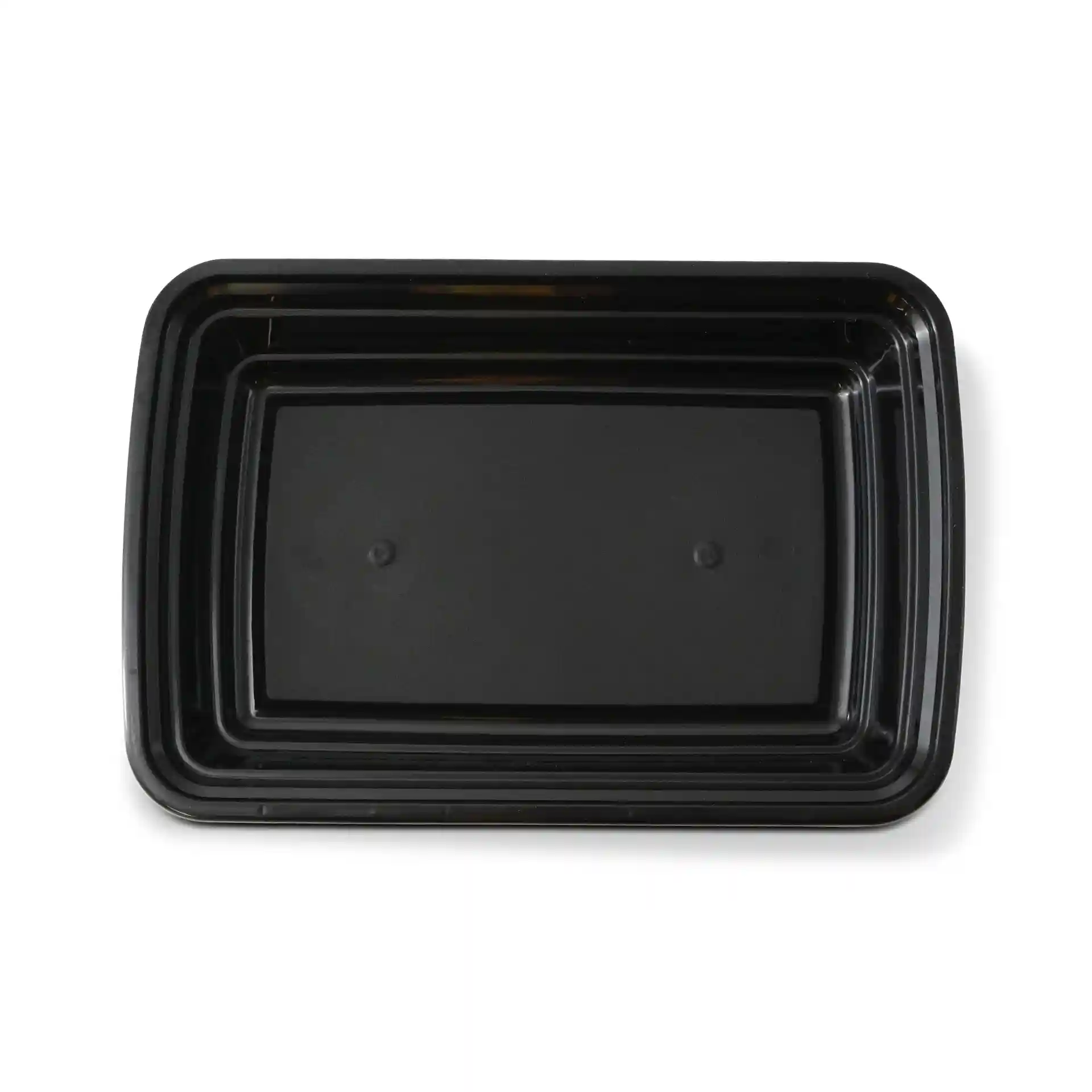 Contenitore rettangolare riutilizzabile nero in polipropilene, misura 185 mm per 125 mm e altezza di 34 mm.