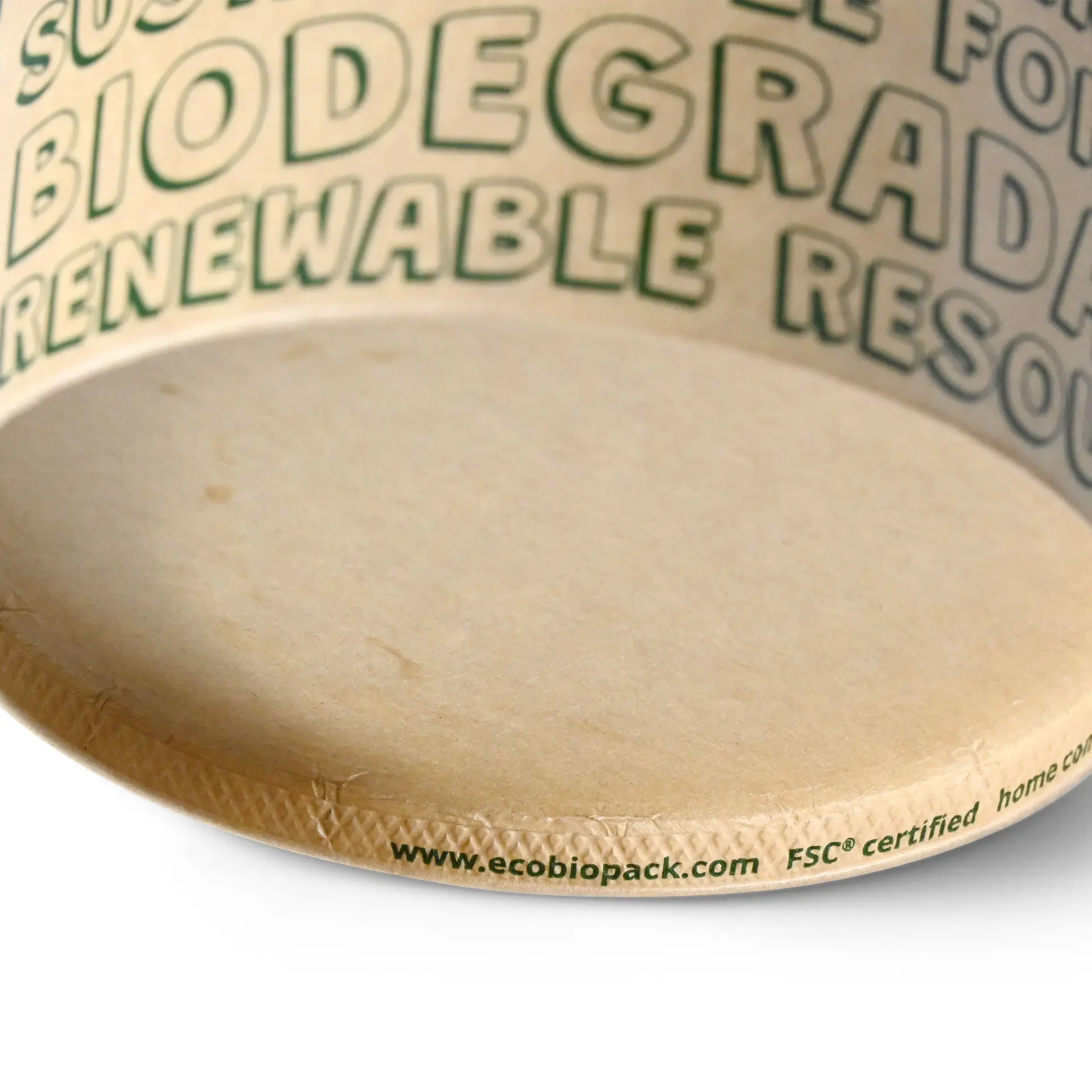 Coppa di carta marrone per gelato con stampa EcoUp per la sostenibilità; presenta un rivestimento a base d'acqua ed è certificata FSC.