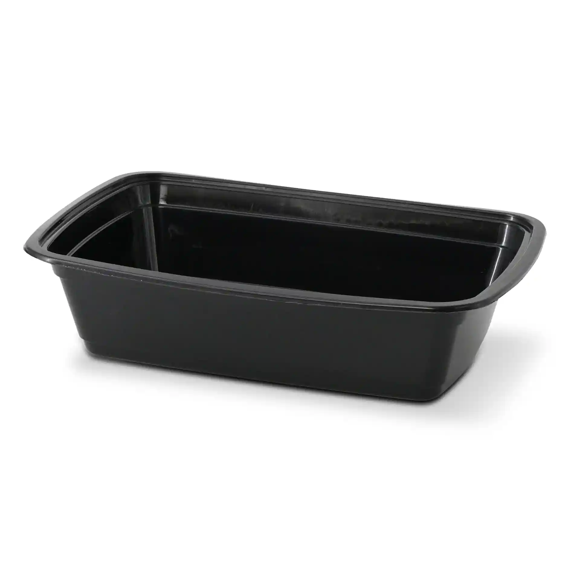 Contenitore rettangolare riutilizzabile nero in polipropilene, capacità di 1000 ml, dimensioni 217 mm lunghezza, 150 mm larghezza, 52 mm altezza.