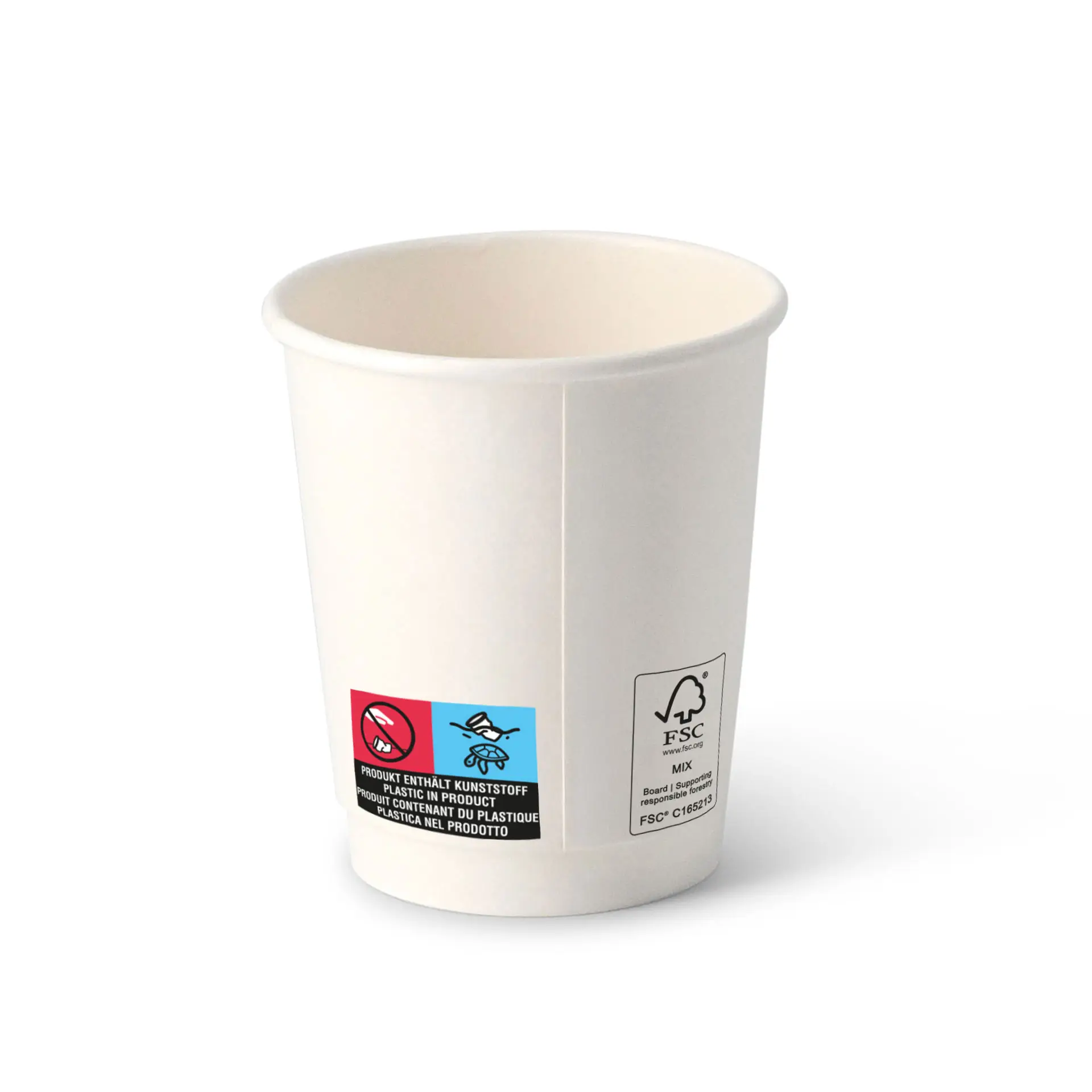 Bicchiere da caffè a doppia parete con interno bianco e esterno marrone, con etichette sui lati.
