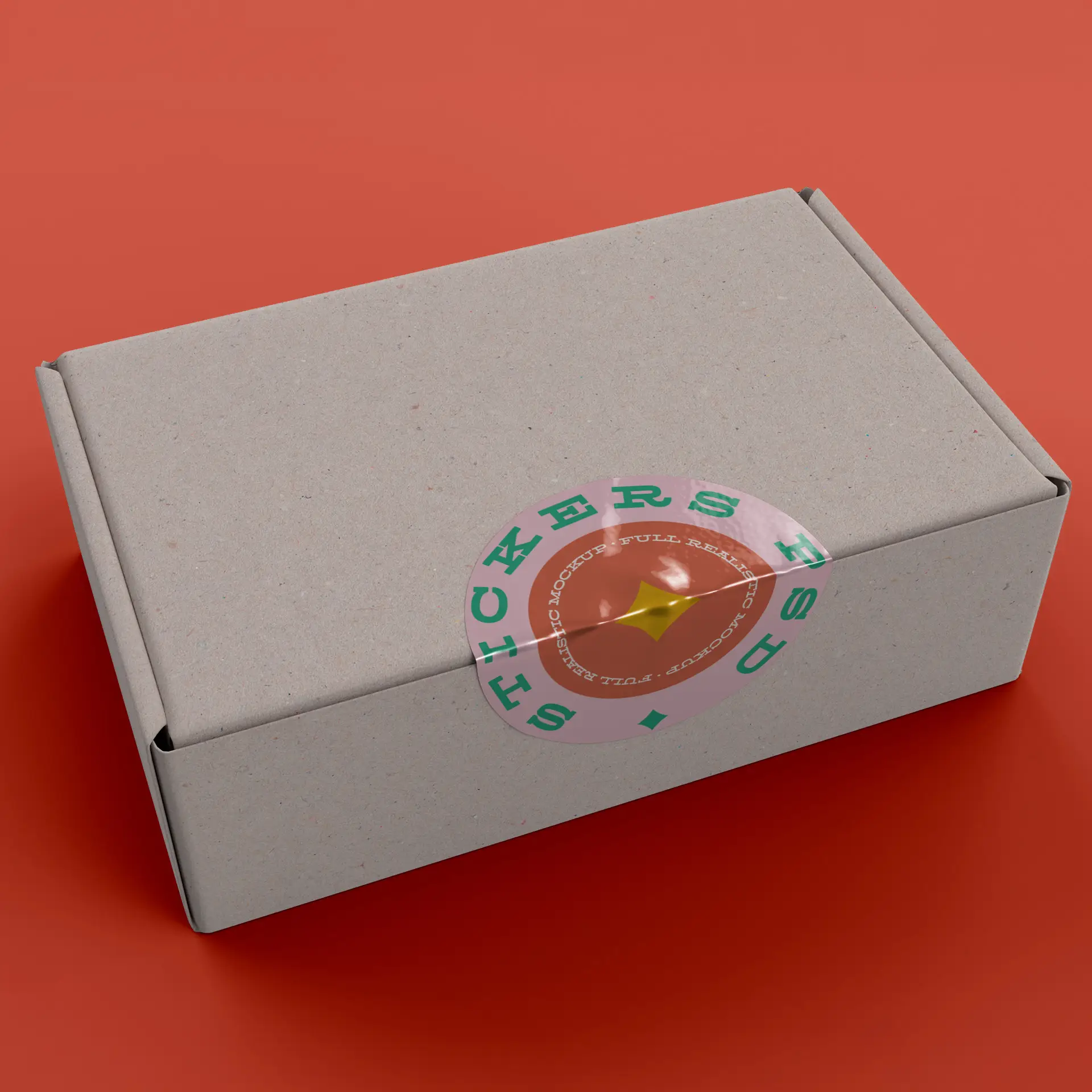 Rullo di etichette stampate personalizzate in una scatola rettangolare marrone con un design di adesivo rotondo e colorato sopra.