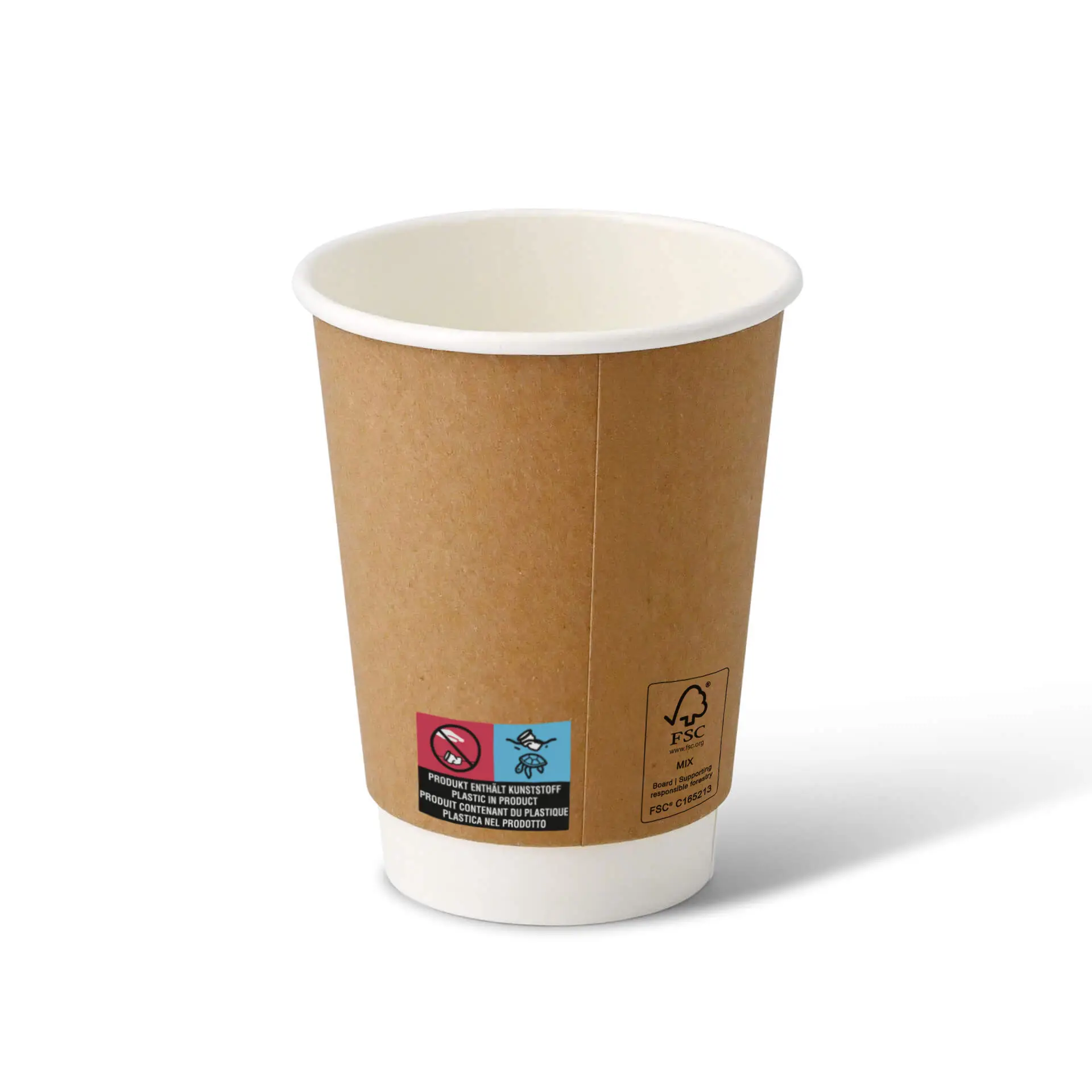 Una tazza da caffè marrone a doppia parete con un interno bianco; presenta un'etichetta con simboli e marchi ecologici.