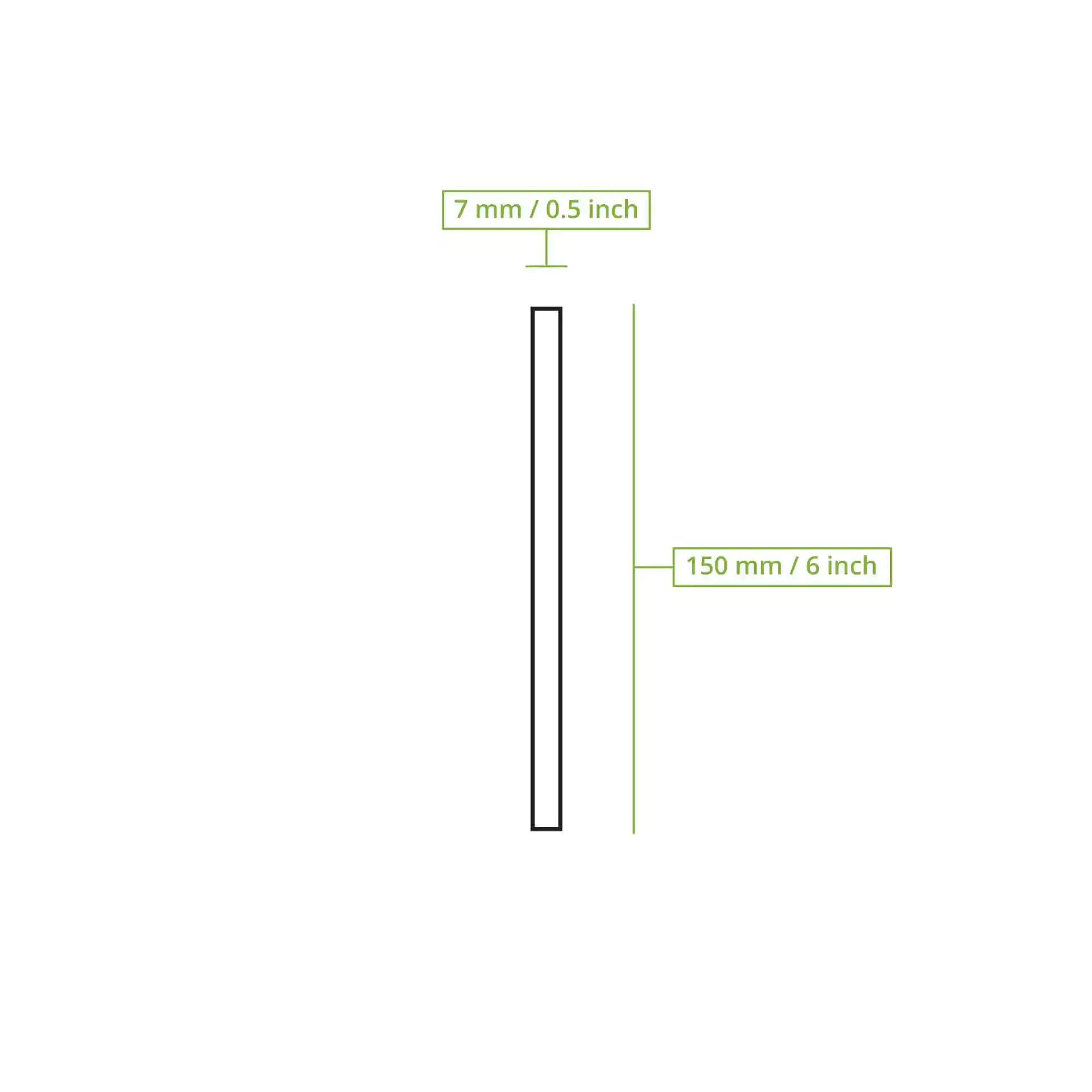 Disegno schematico di una cannuccia da cocktail in carta nera con dimensioni di 150 mm di lunghezza e 7 mm di diametro.