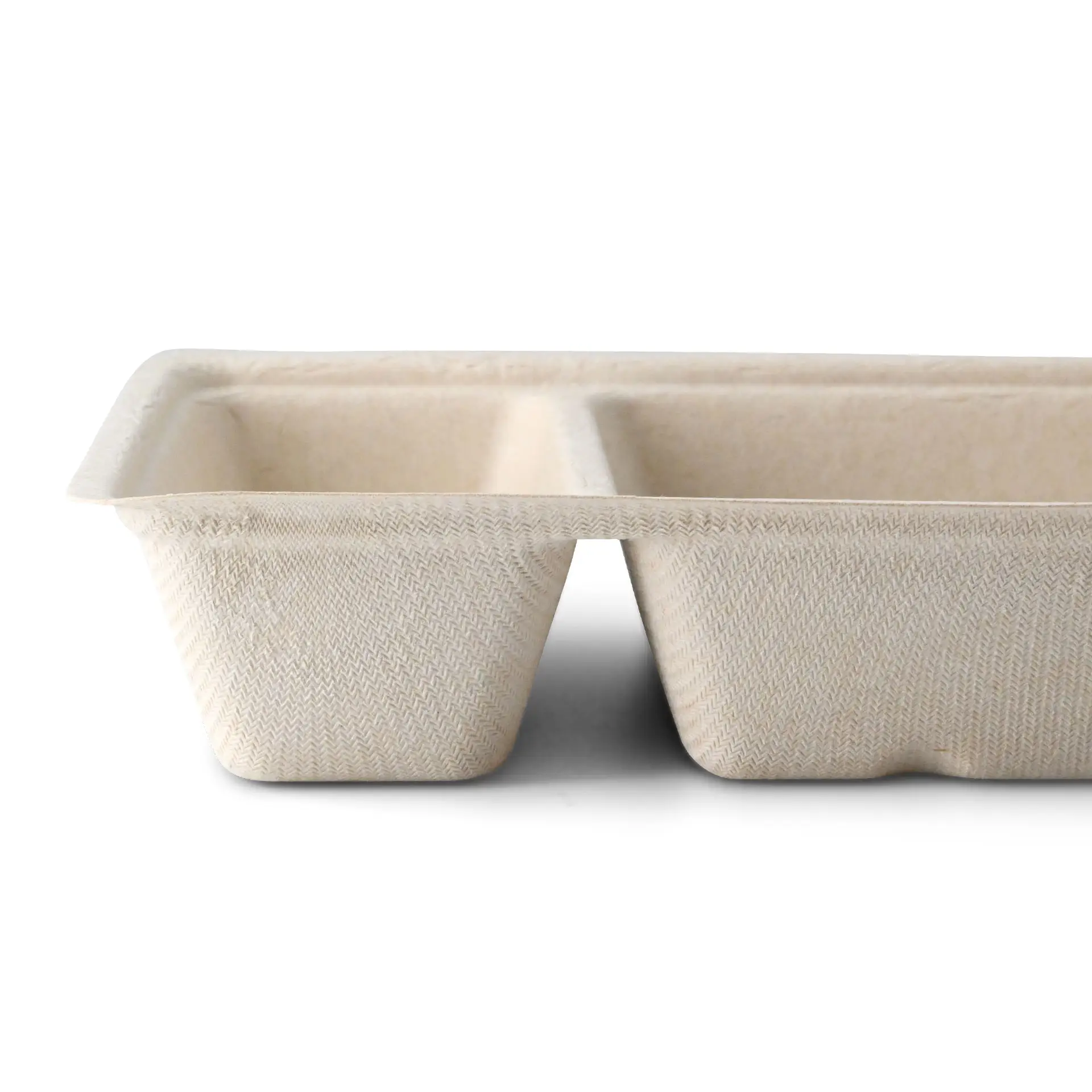 Vassoio in bagassa con due scomparti, adatto per cibi caldi e freddi, biodegradabile, materiale ecologico.