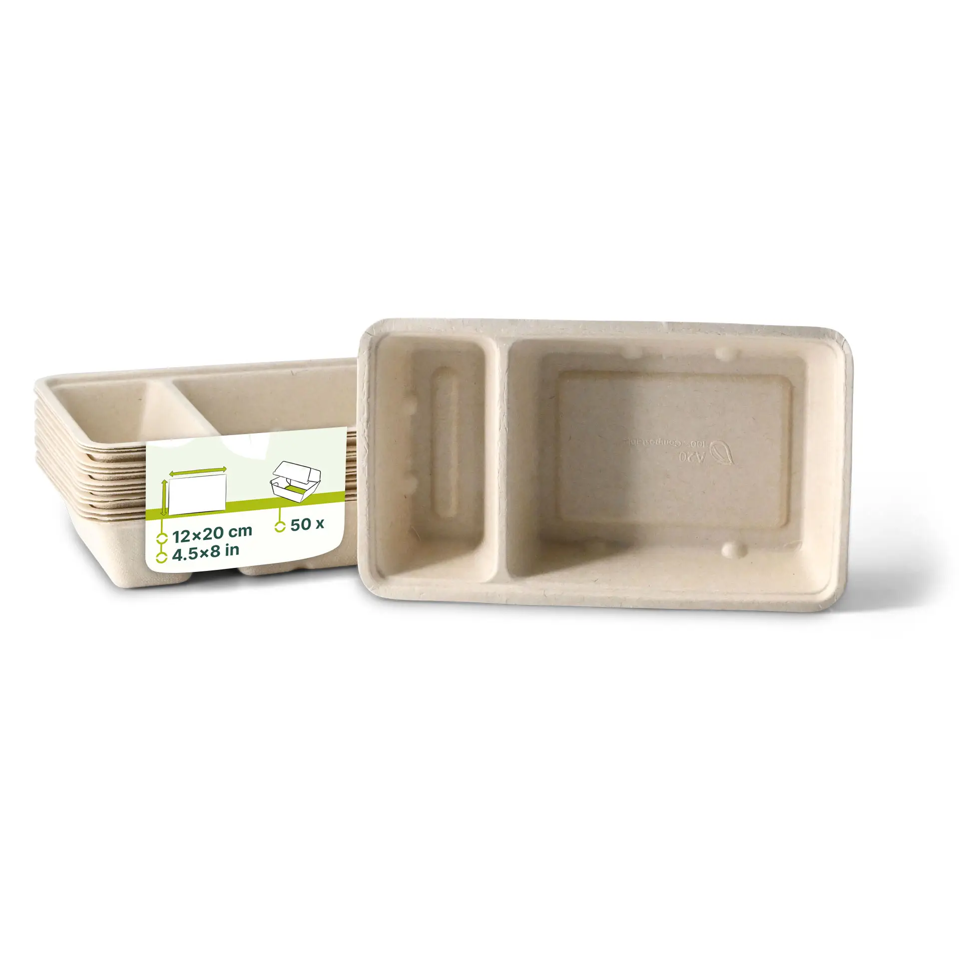 Vassoio per chip in canna da zucchero con due scomparti; realizzato in bagassa biodegradabile; ecologico, dimensione 12 x 20 cm.