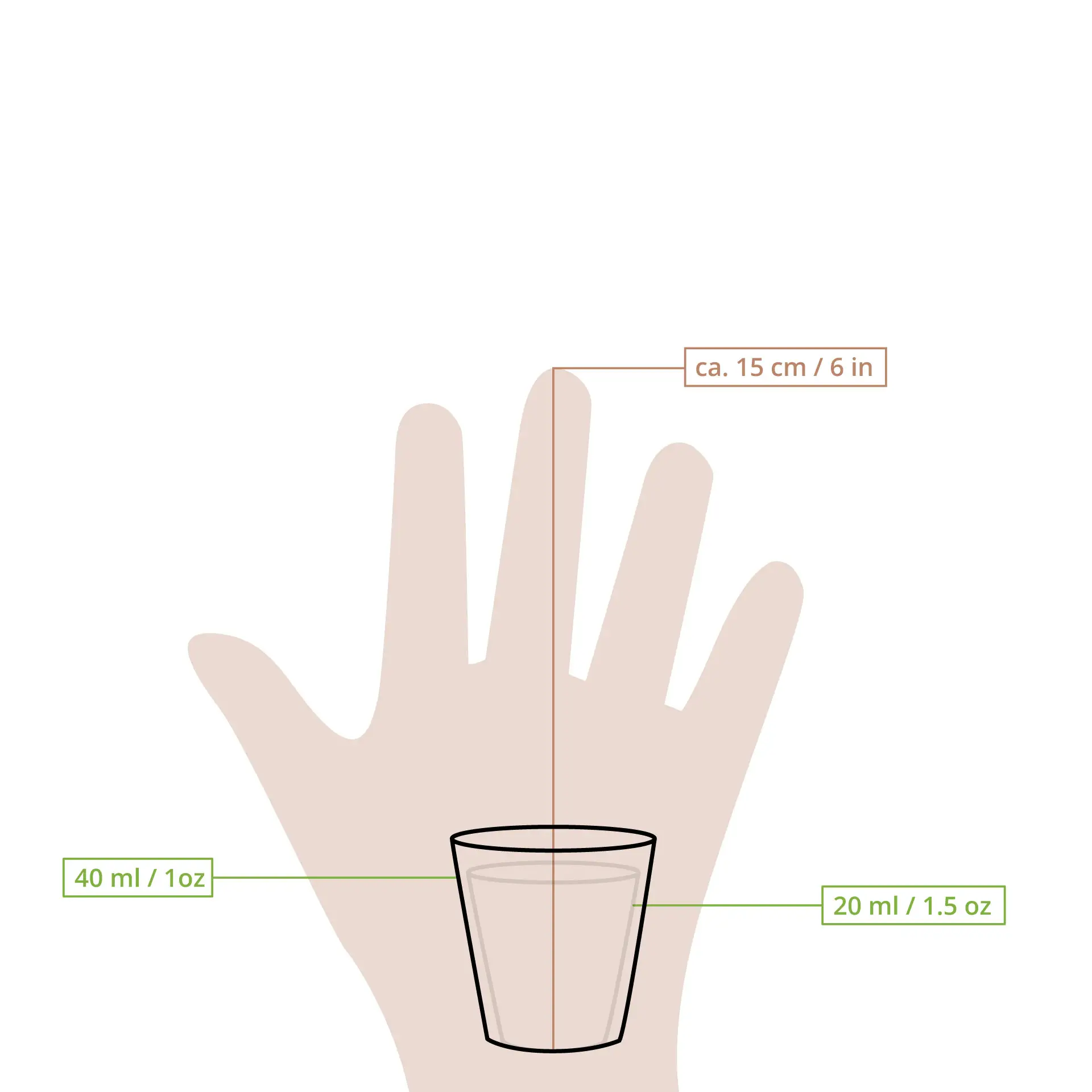 Un bicchiere di carta bianco mostrato su una mano per riferimento di dimensione; le linee di calibrazione indicano 20 ml e 40 ml.