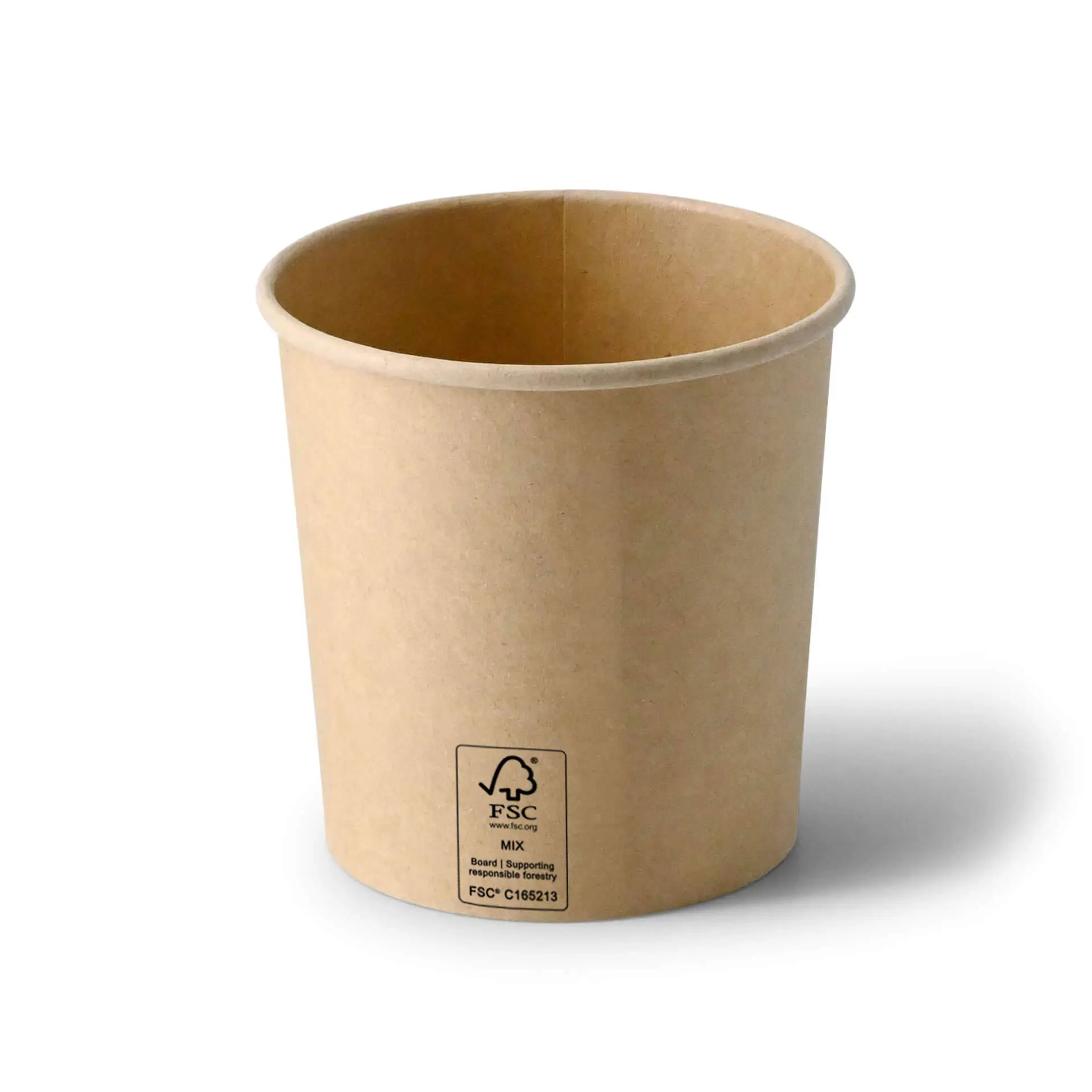 Una tazza di zuppa marrone da 12 oz in cartone con rivestimento in PE; progettata per piatti caldi e freddi, vista di lato.