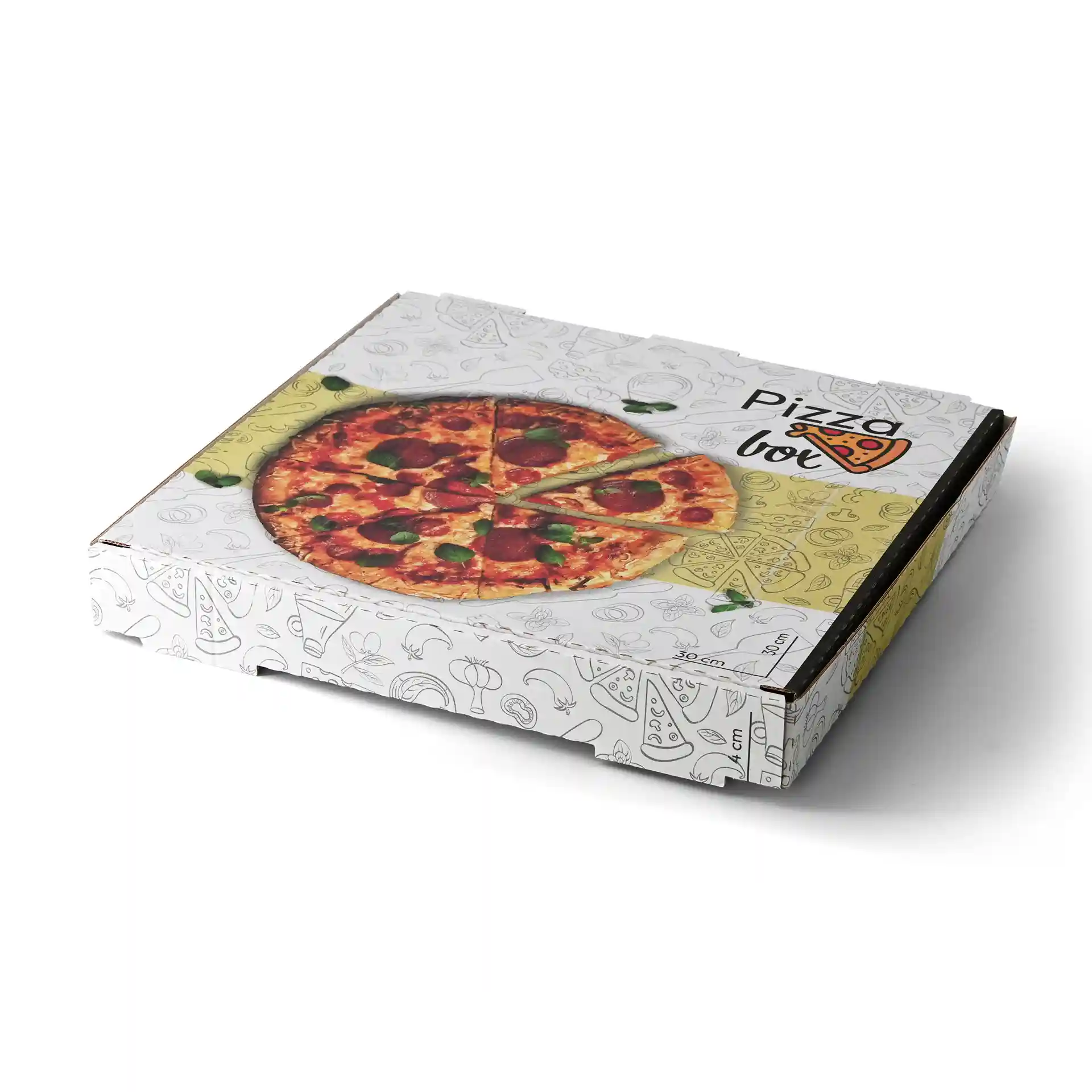 Scatola per pizza con design stampato, dimensioni 30 x 30 x 4 cm, con una grafica di pizza sul coperchio.