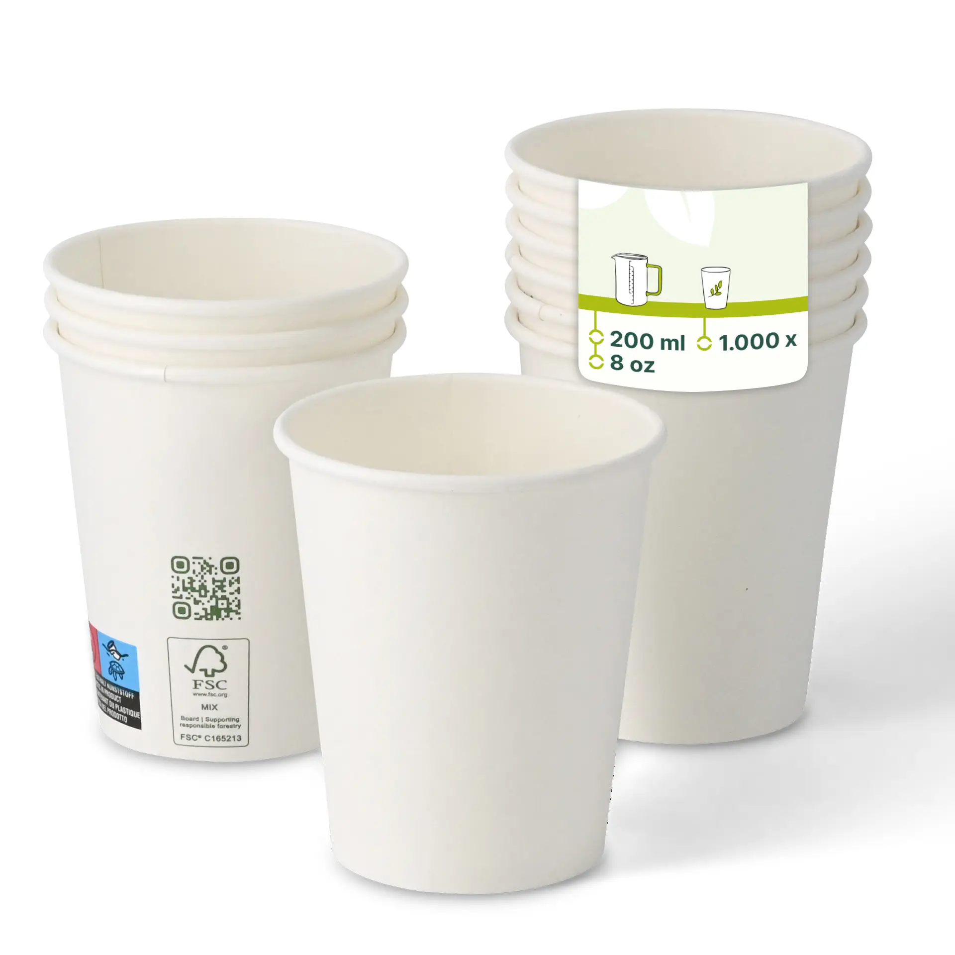 Un bicchiere di carta bianco, capacità 200 ml, con rivestimento in PLA; diversi bicchieri simili sullo sfondo con opacità ridotta.