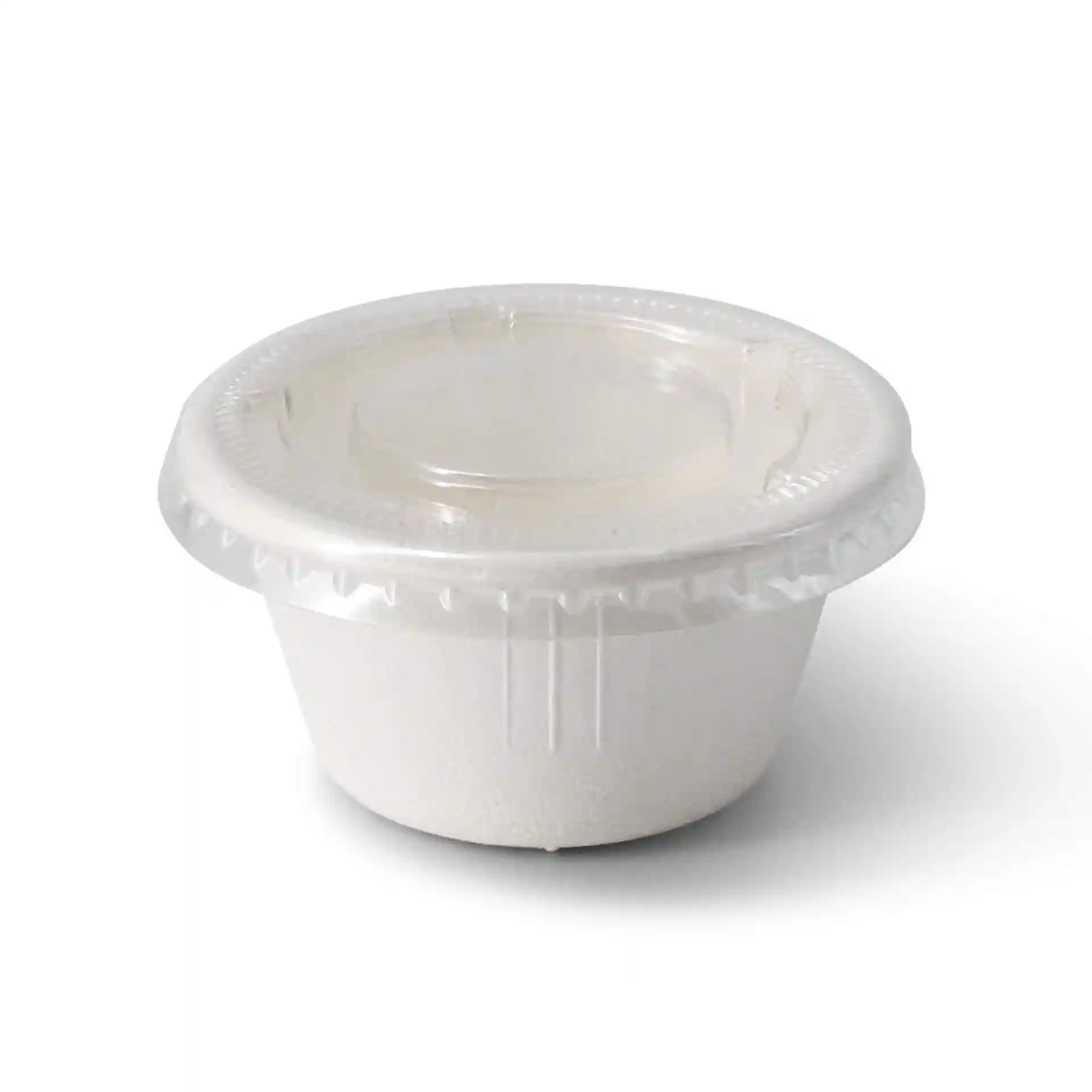 Ciotola per dip in bagassa bianca con coperchio trasparente, diametro 62 mm e altezza 32 mm.