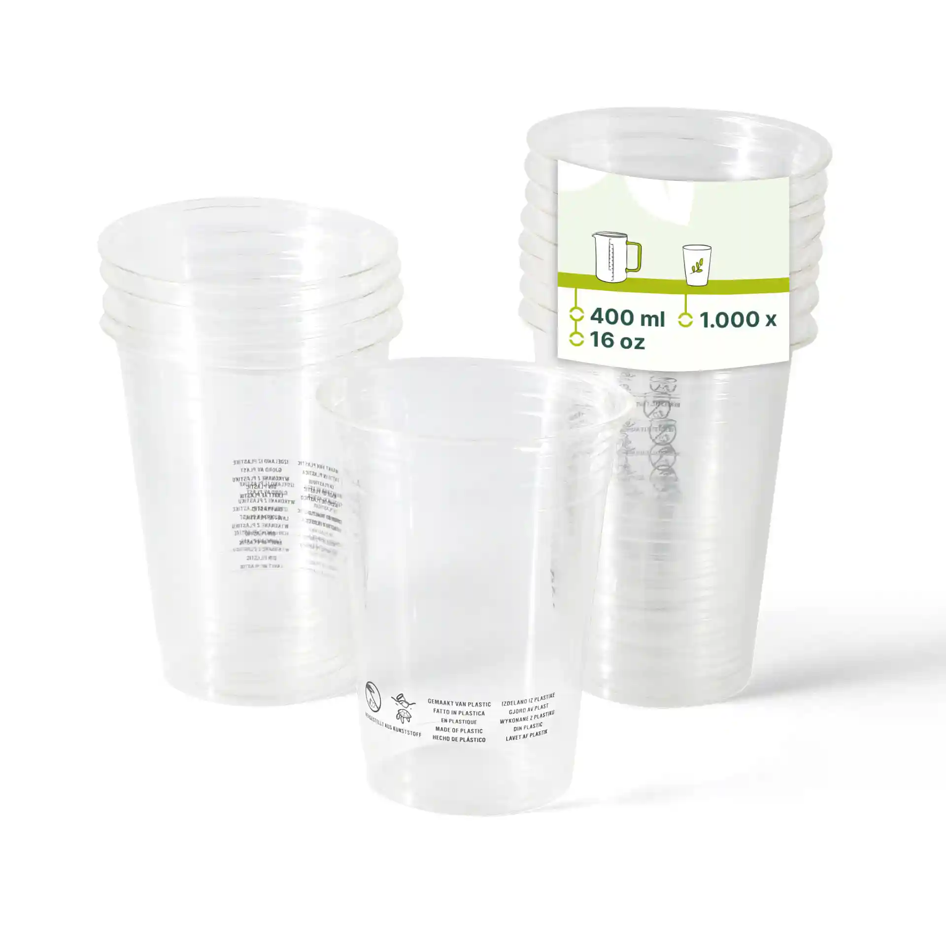 Bicchieri in plastica PLA trasparenti impilati, con un'etichetta che mostra una capacità di 400 ml e 16 oz, con marcature stampate sulla superficie.