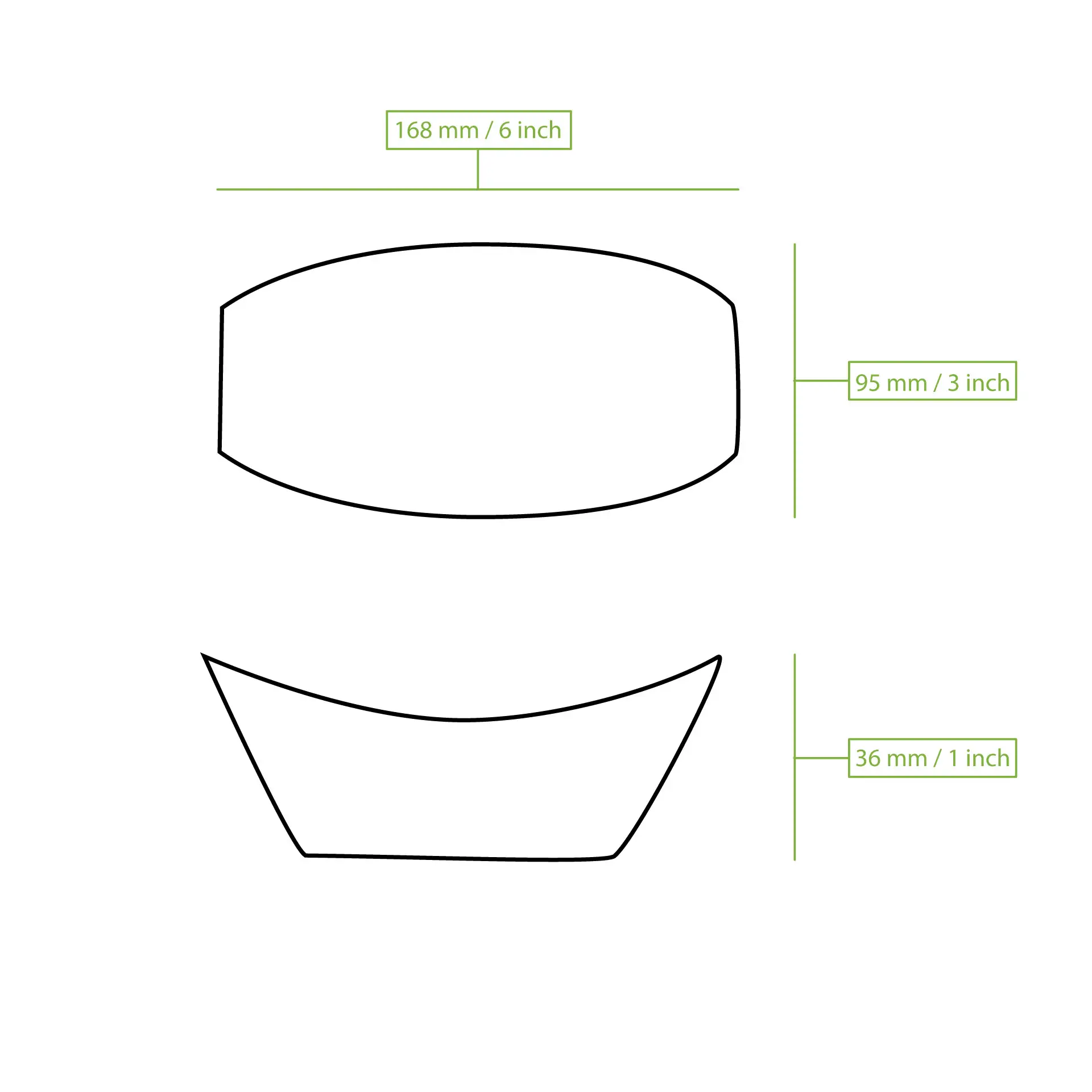 Disegno a contorno di una barca alimentare in legno di 15 cm, adatta per presentare piatti freddi e caldi, con dimensioni etichettate.