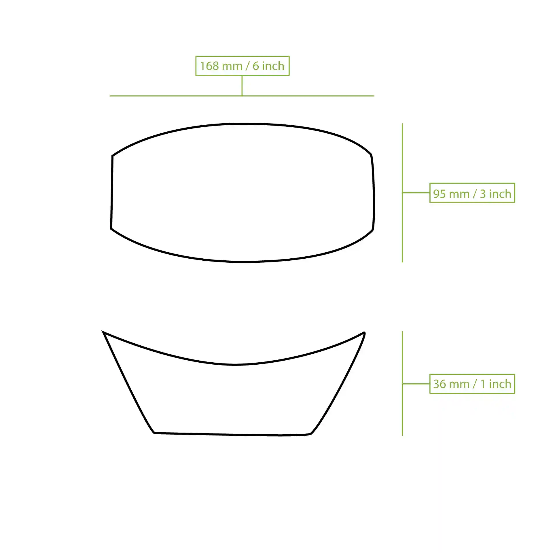 Disegno schematico di un contenitore a forma di barca con dimensioni etichettate: 170 mm di lunghezza, 95 mm di larghezza e 36 mm di altezza.