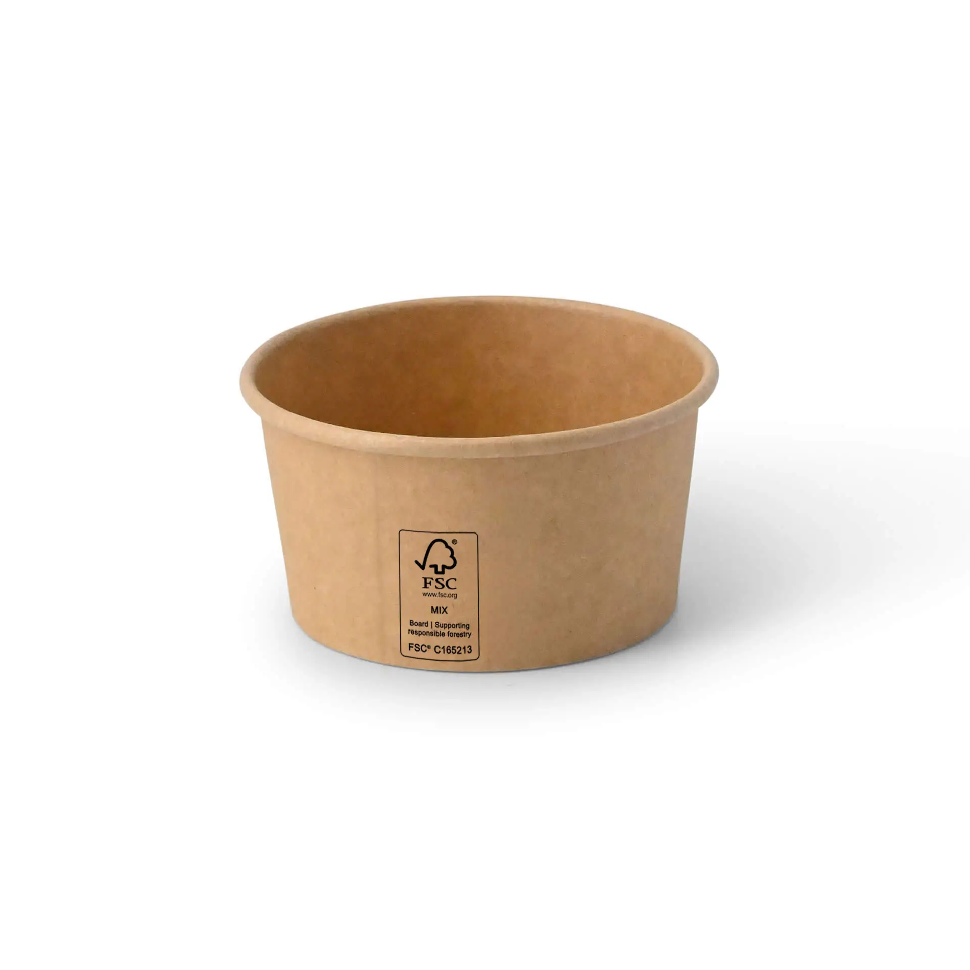 Un cup in carta marrone per gelato, formato 6 oz con rivestimento PE, con logo e dettagli dell'etichetta sul fondo.