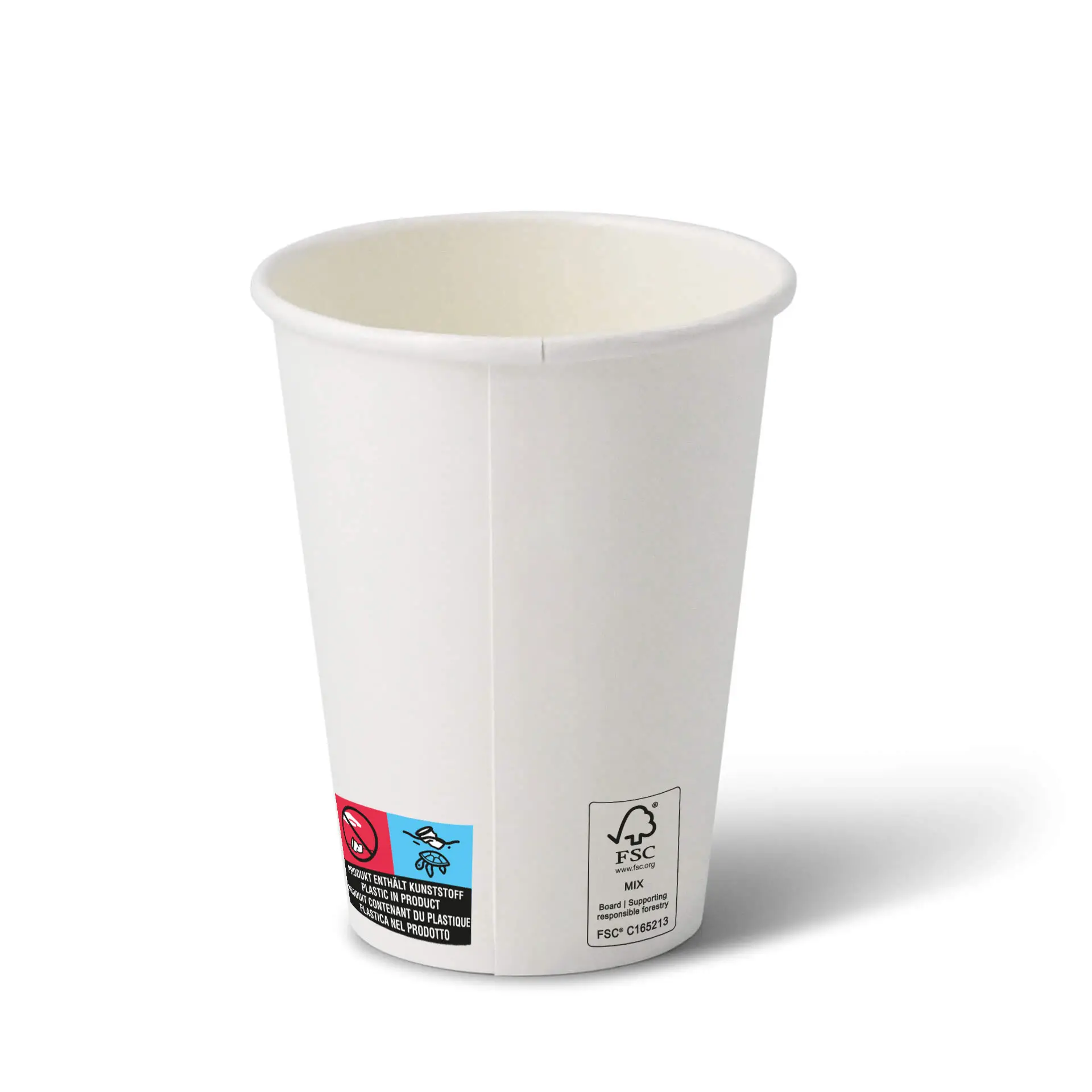 Bicchiere di carta bianco a forma rotonda, capacità di 12 oz e superficie rivestita, con un'etichetta con simboli sul lato.