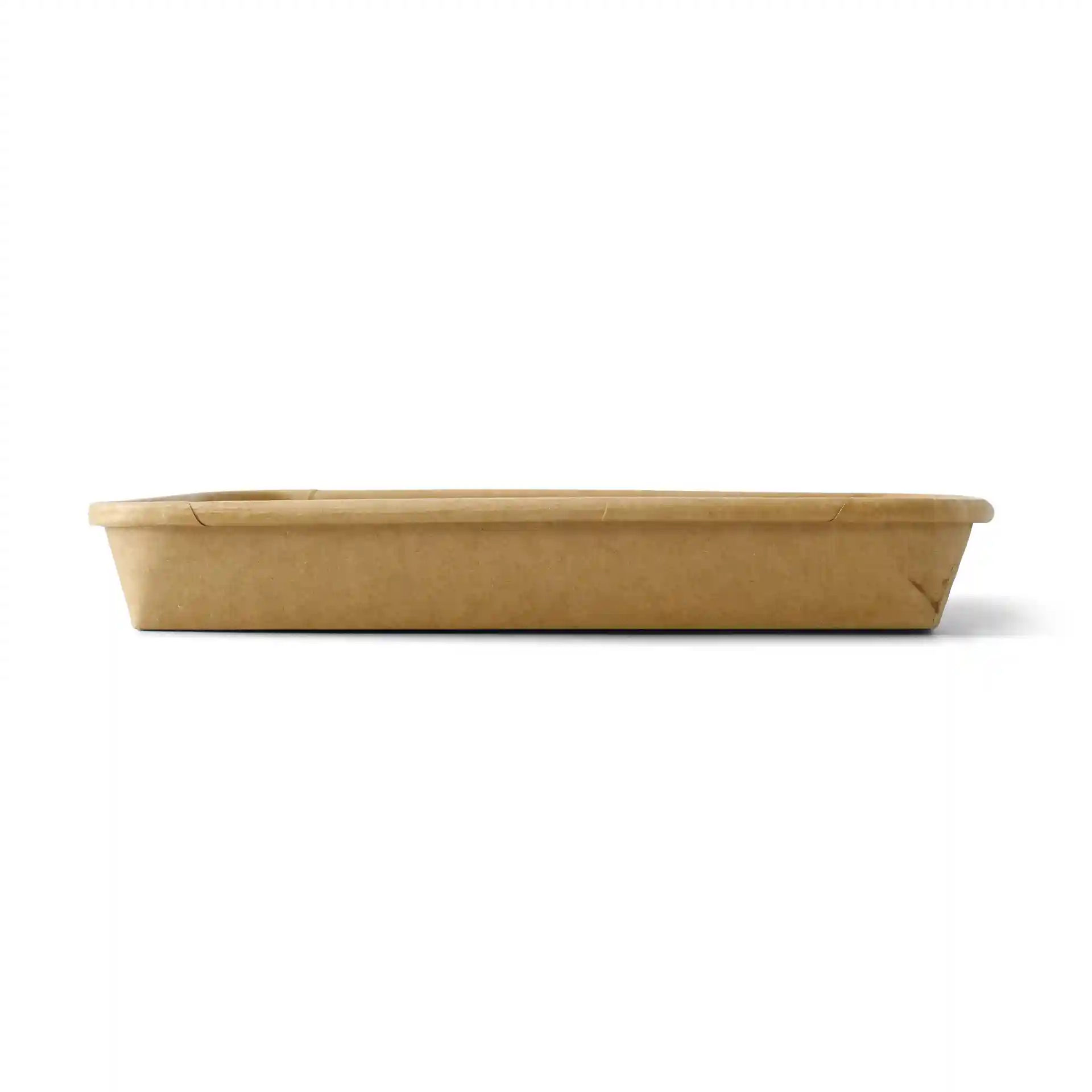 Scatola di sushi marrone con superficie rivestita in PE, misura 22 x 14 x 2,5 cm, vista di lato.
