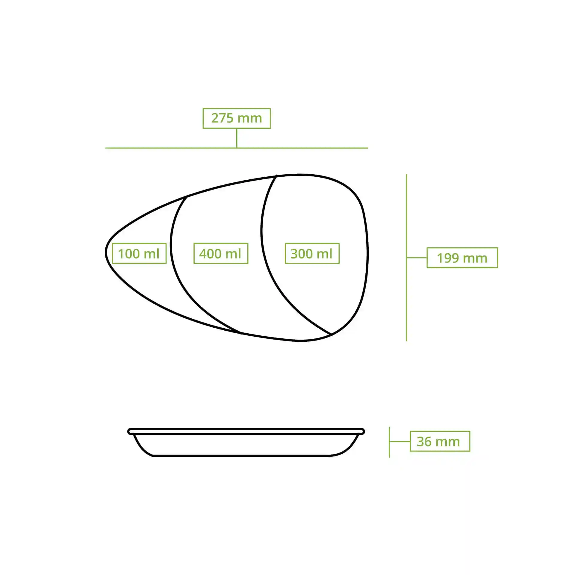 Disegno schematico di un piatto a tre scomparti con dimensioni di 275 mm per 199 mm e un'altezza di 36 mm.